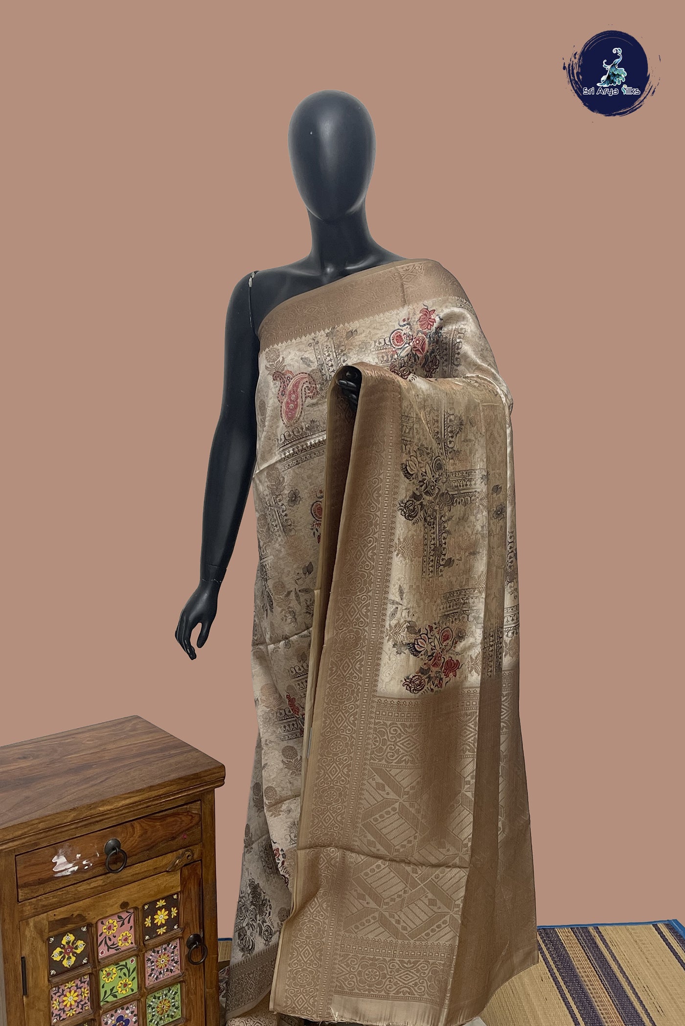 Light Brown Semi Grape Silk Saree With Printed Pattern
