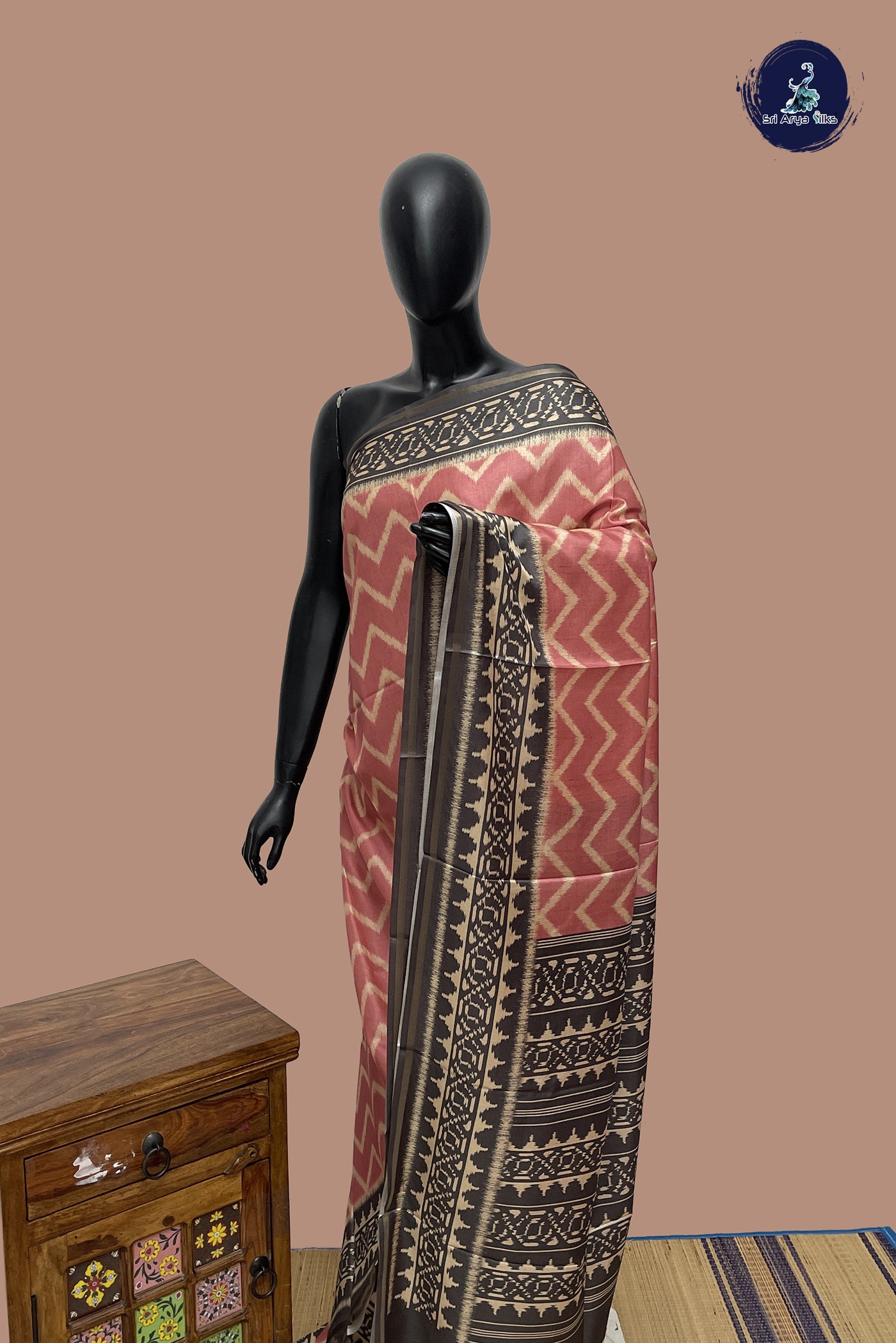 Peach Pink Semi Grape Silk Saree With Ikat Pattern