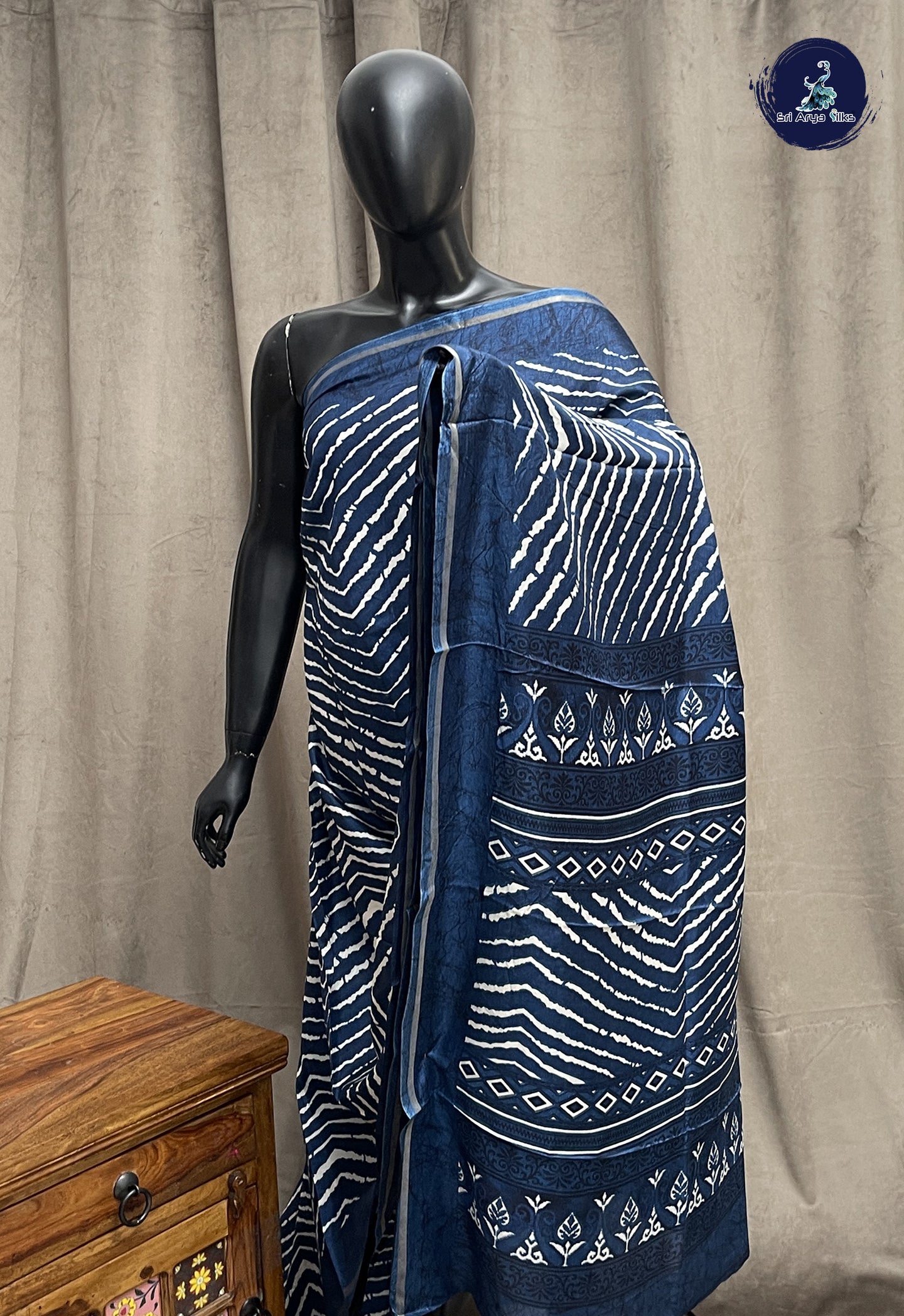 Dark Blue Semi Grape Silk Saree With Printed Pattern