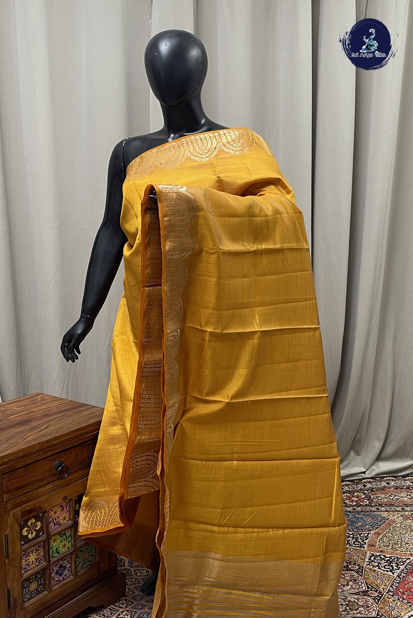 Mustard Semi Tussar Saree With Plain Pattern