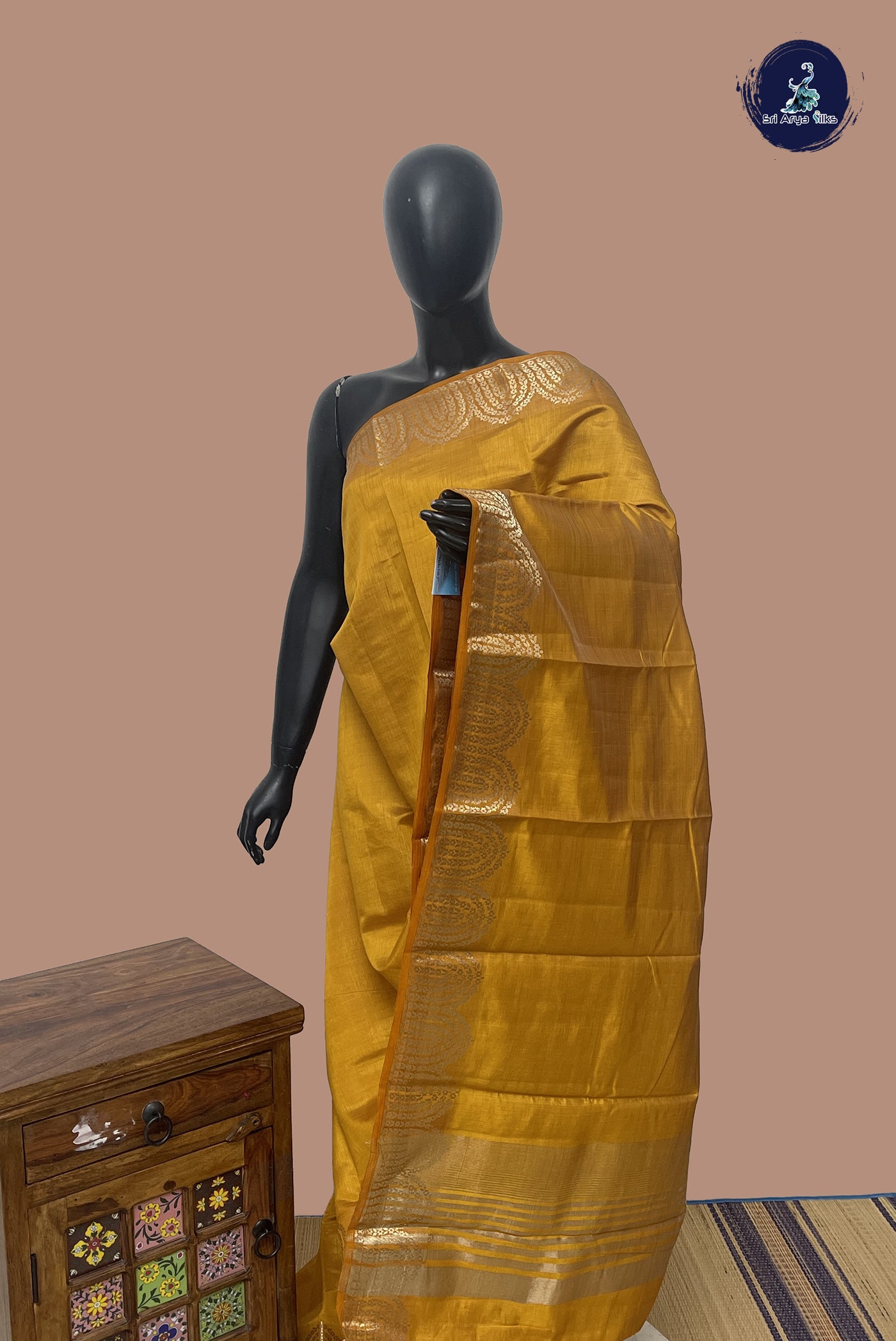 Mustard Semi Tussar Saree With Plain Pattern