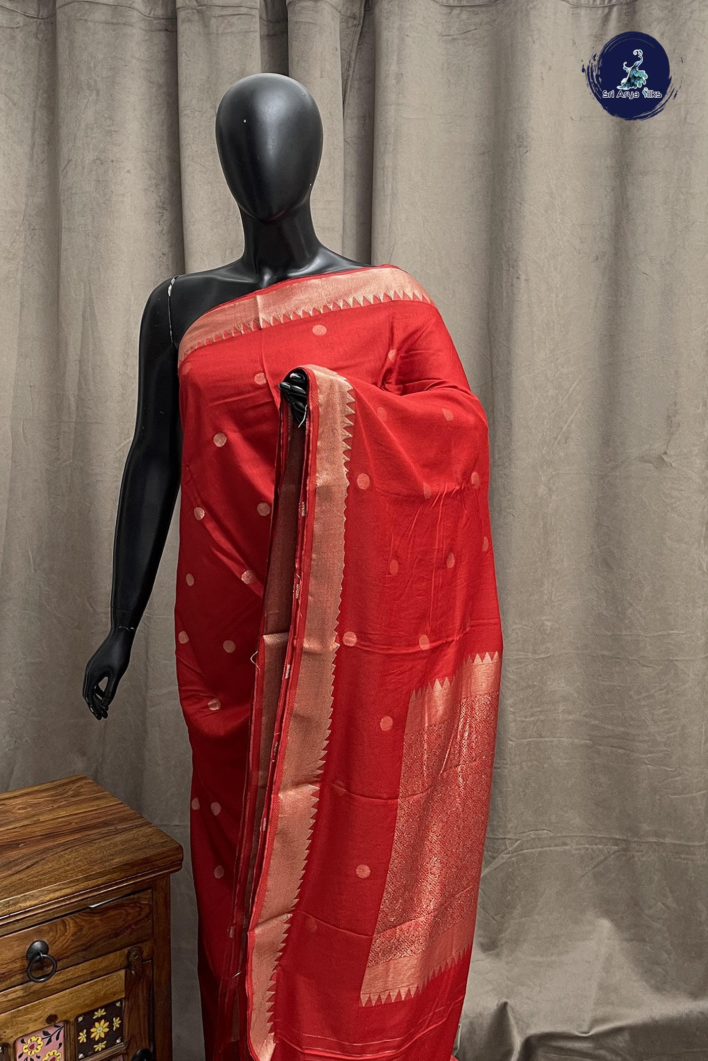 Red Semi Tussar Saree With Embossed Pattern