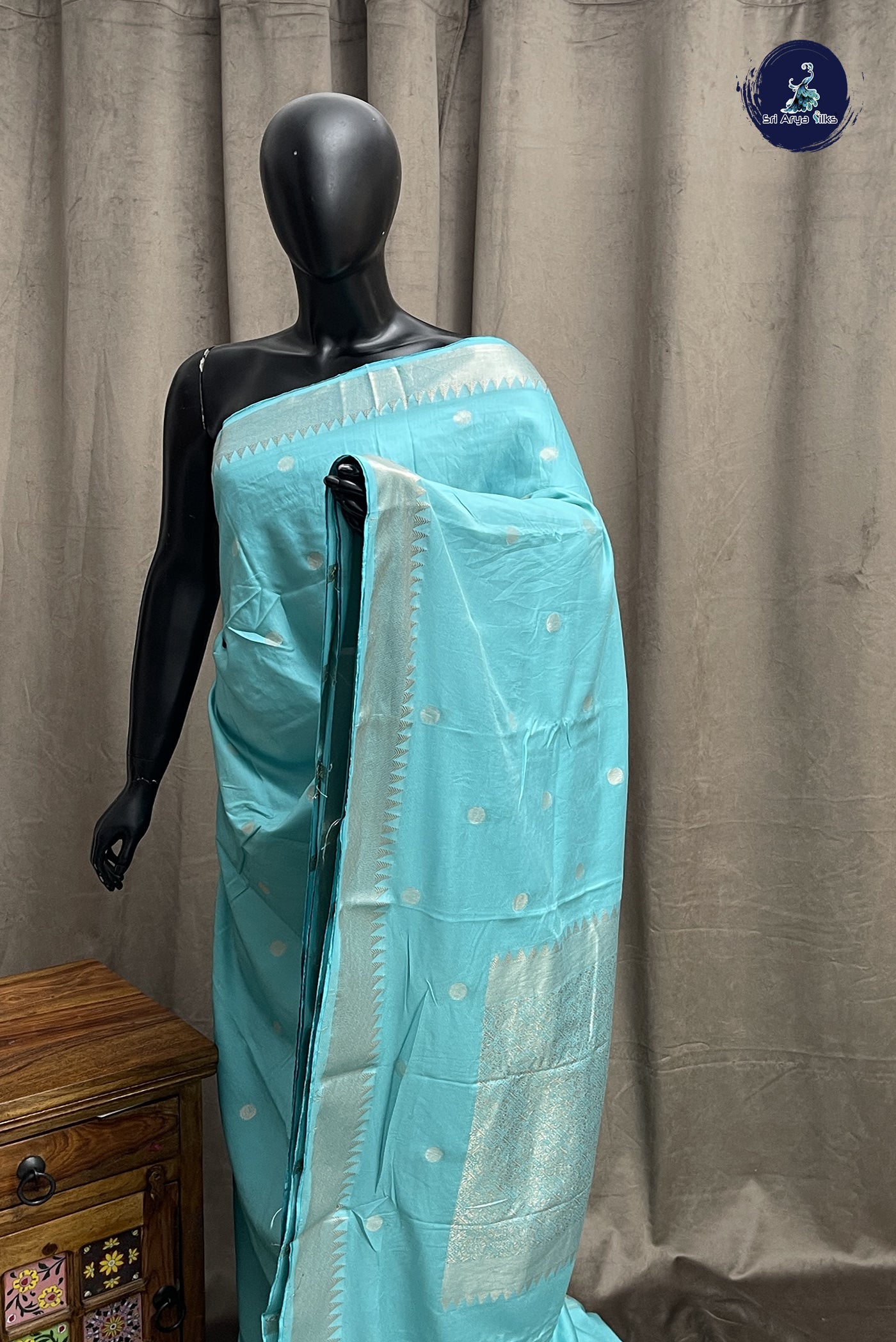 Light Blue Semi Tussar Saree With Embossed Pattern