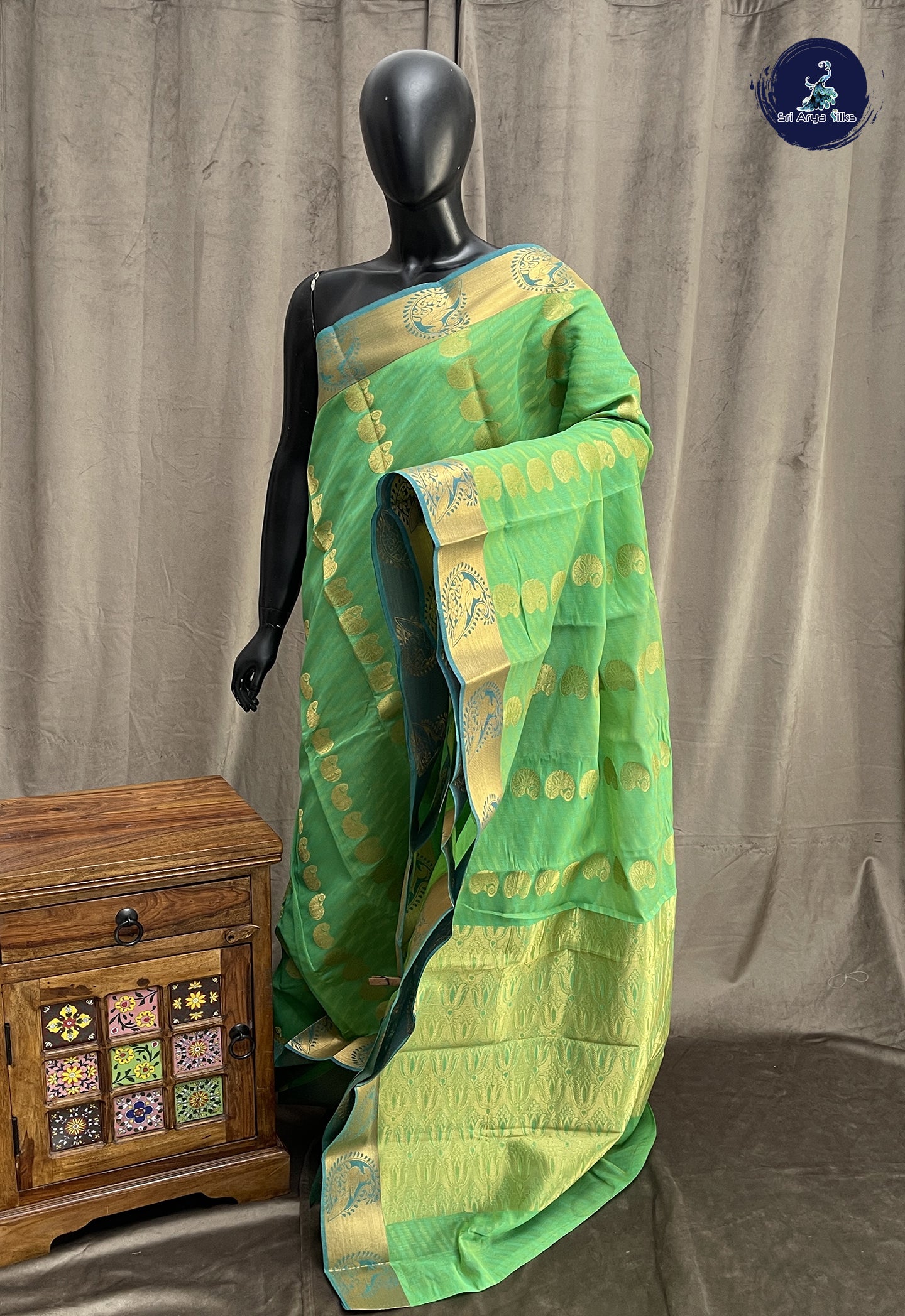 Parrot Green Function Wear Saree With Zari Buttas Pattern
