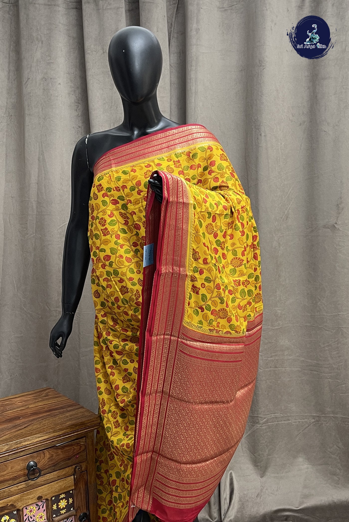 Yellow Semi Mysore Silk With Floral Print Pattern