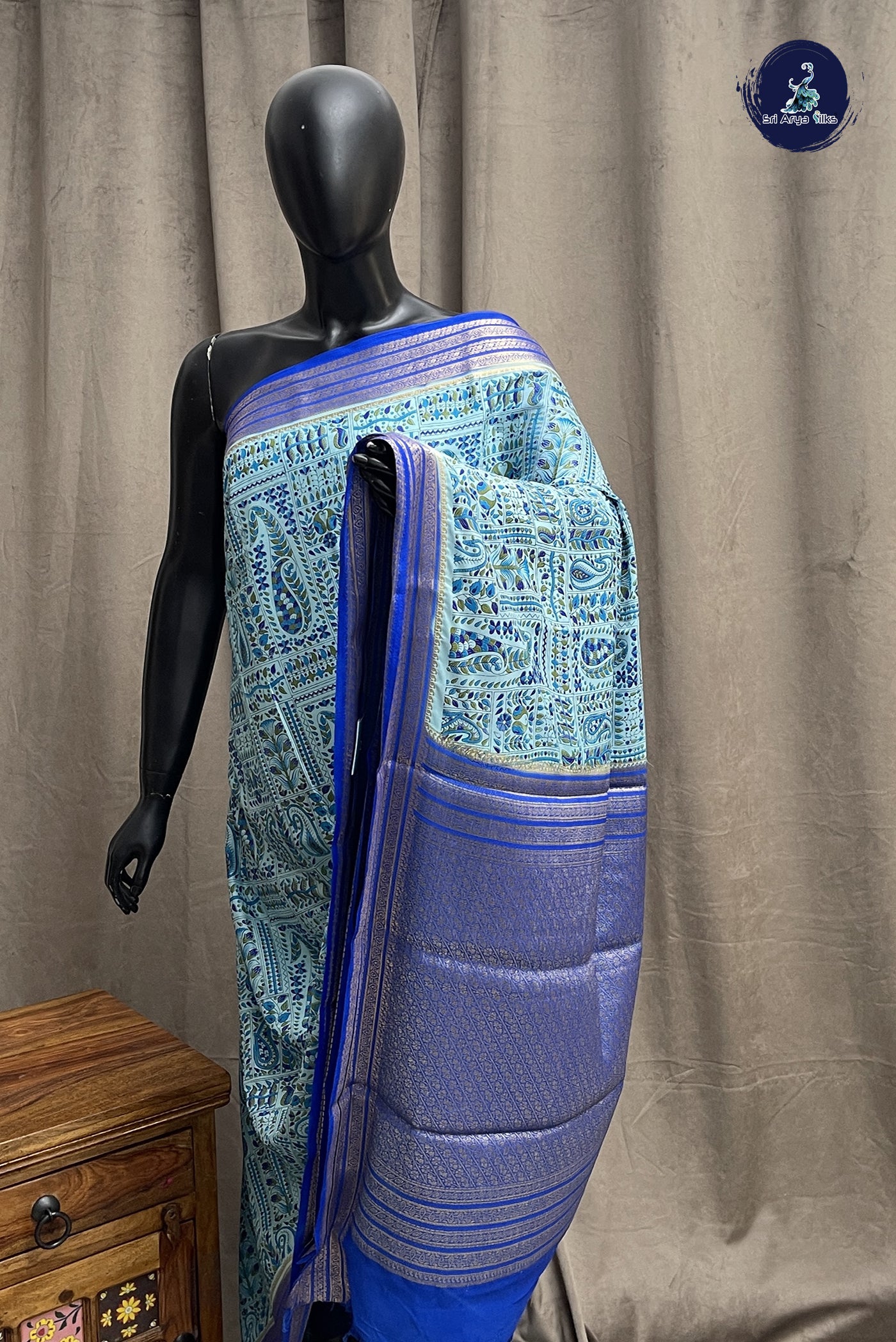 Light Blue Semi Grape Silk Saree With Floral Print Pattern
