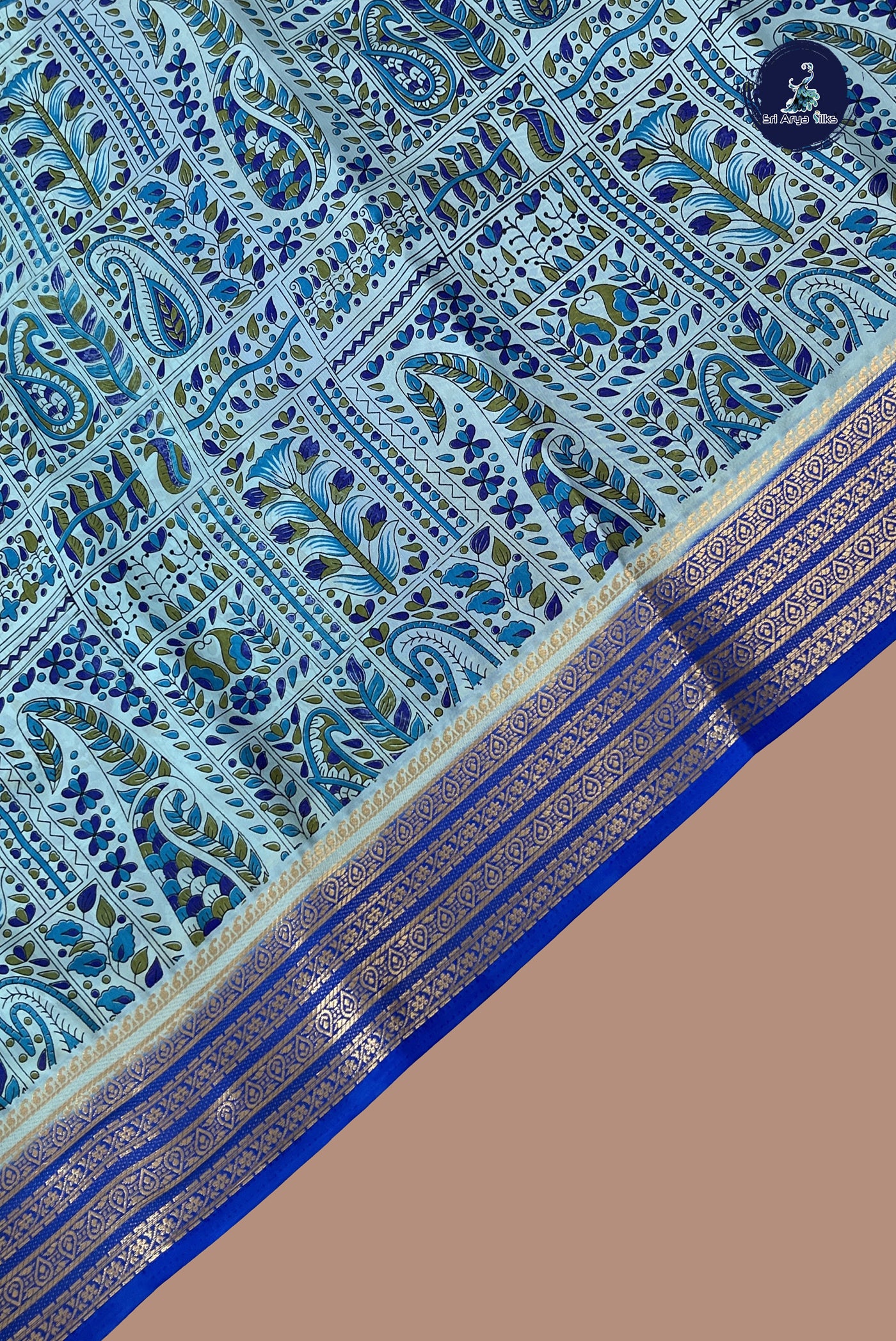 Light Blue Semi Grape Silk Saree With Floral Print Pattern