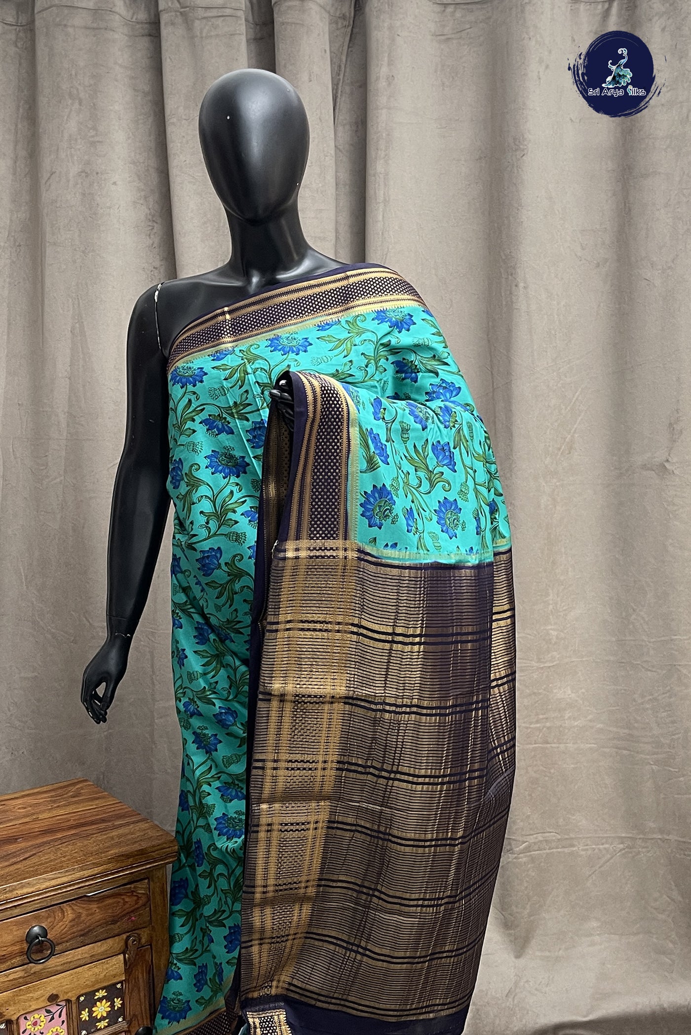 Teal Semi Grape Silk Saree With Floral Print Pattern
