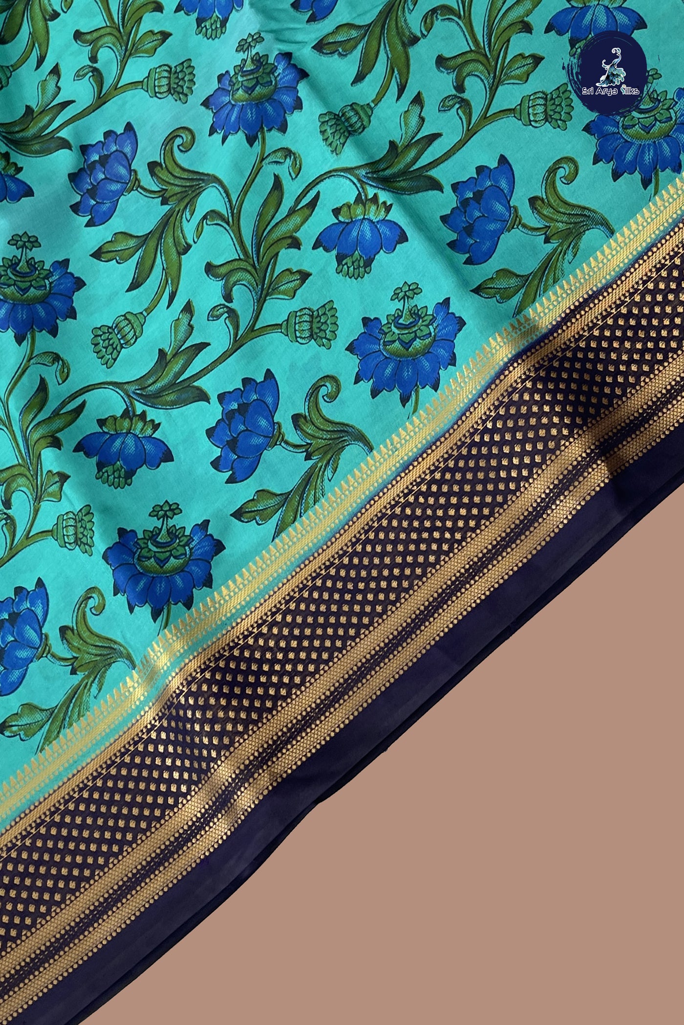 Teal Semi Grape Silk Saree With Floral Print Pattern