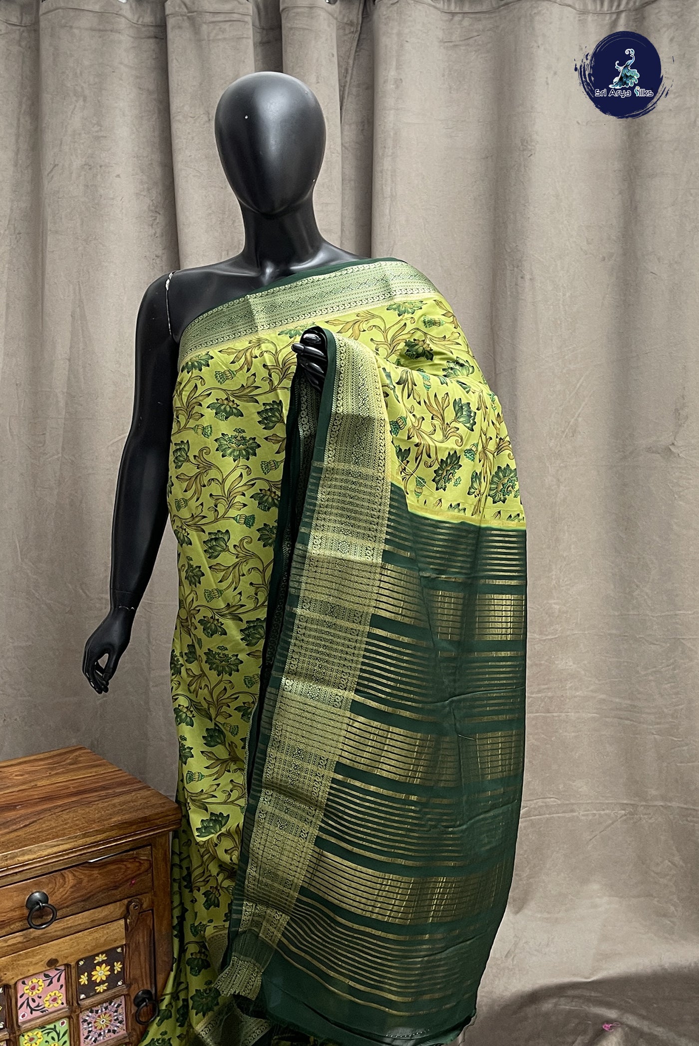 Pista Green Semi Grape Silk Saree With Floral Print Pattern
