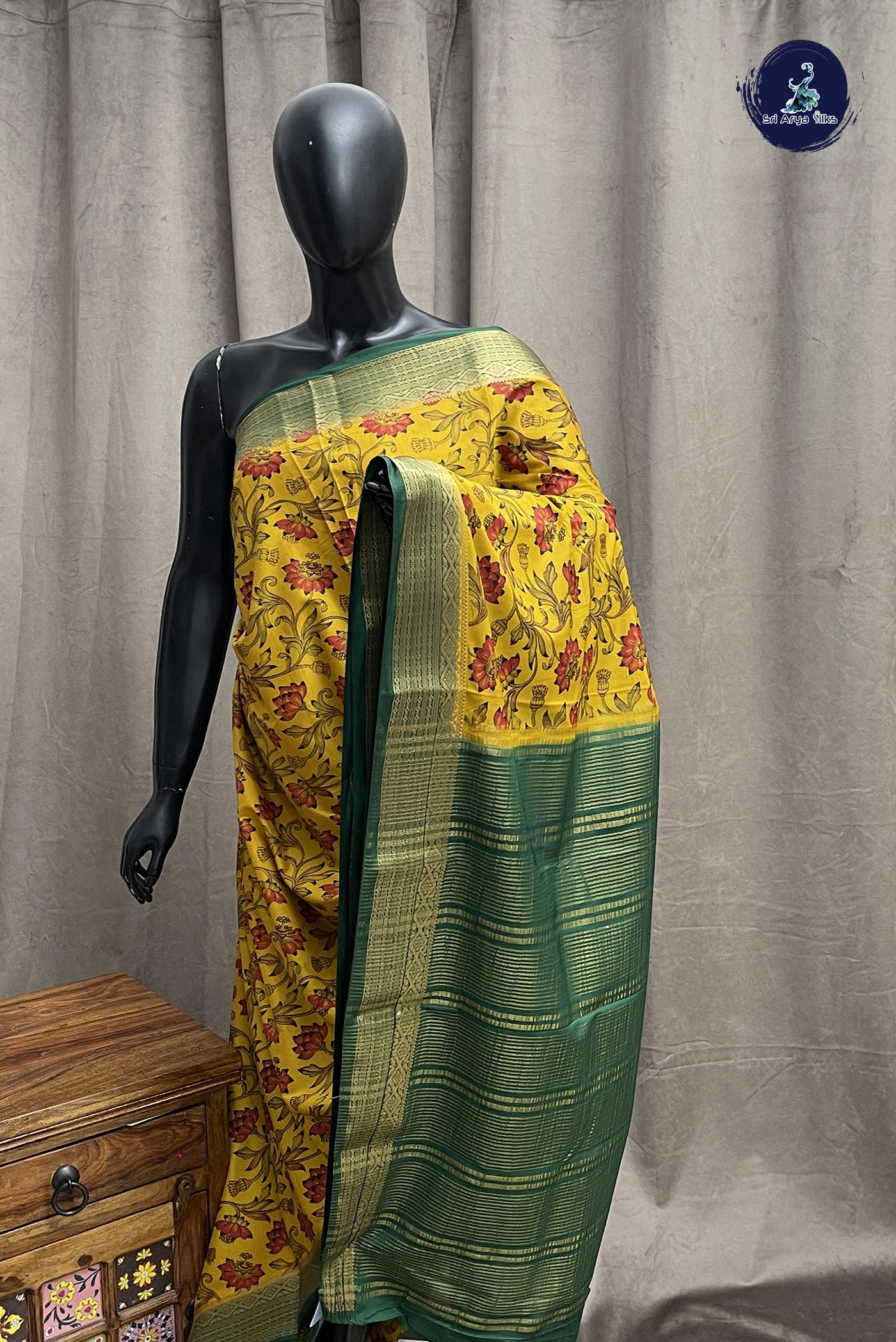 Yellow Semi Grape Silk Saree With Floral Print Pattern