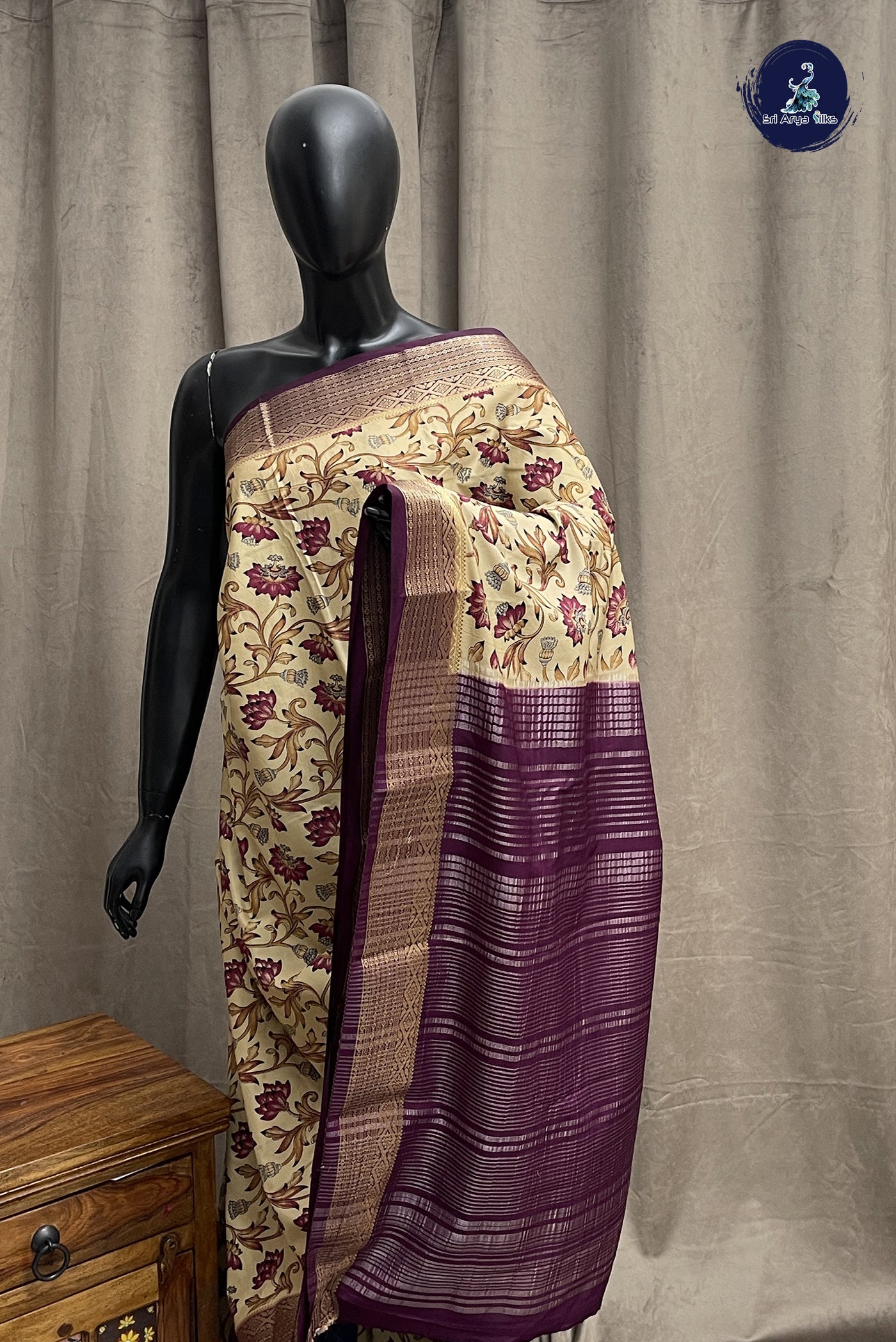 Fawn Semi Grape Silk Saree With Floral Print Pattern