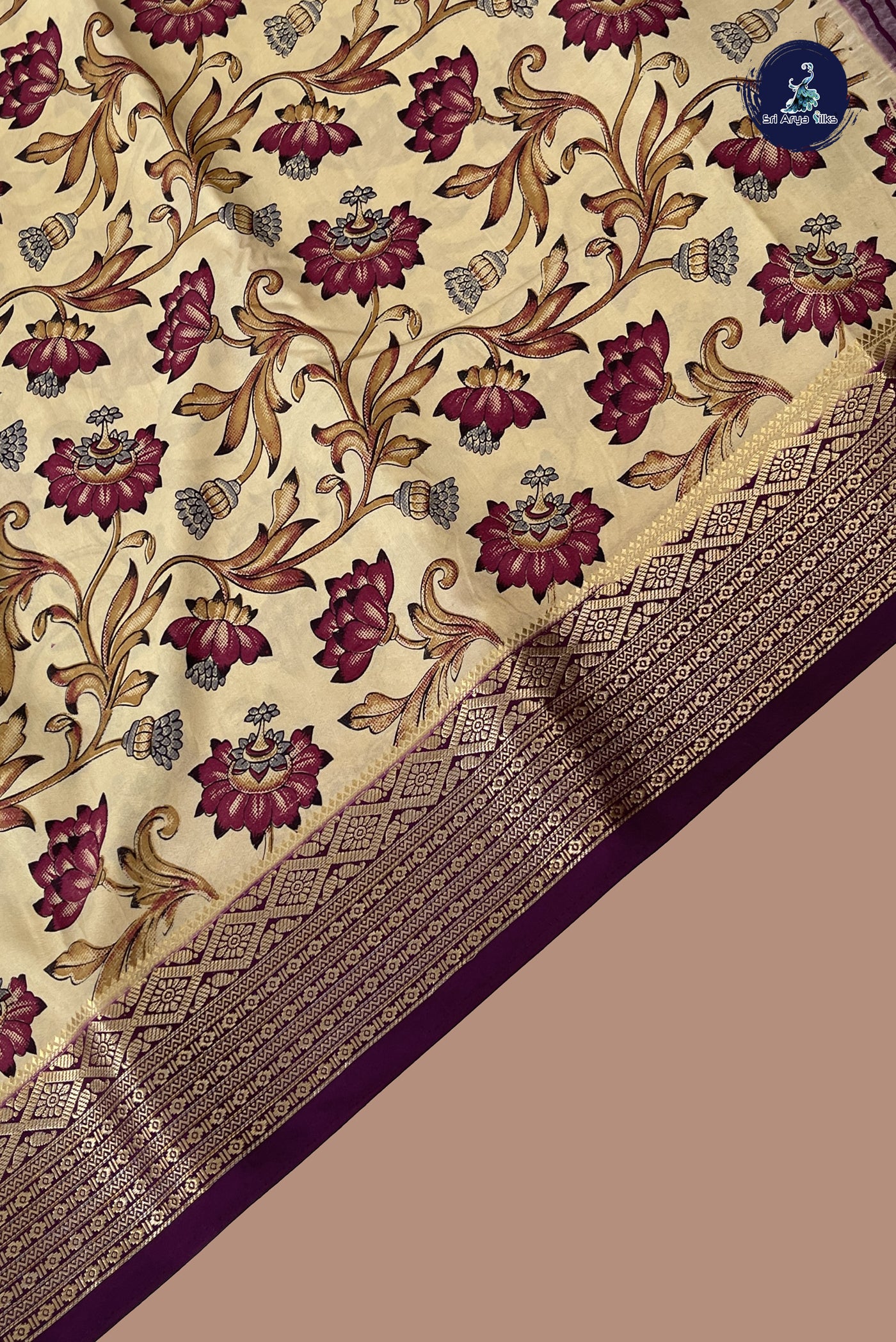 Fawn Semi Grape Silk Saree With Floral Print Pattern