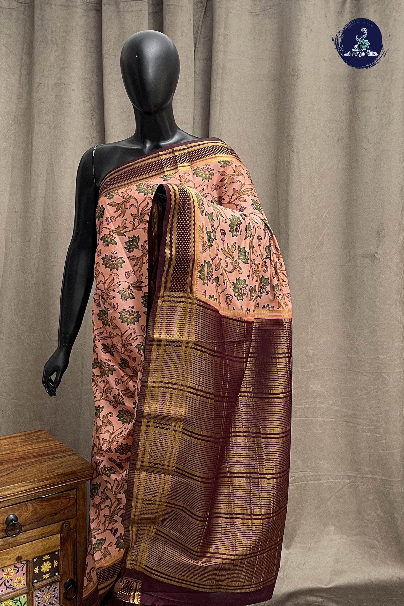 Peach Semi Grape Silk Saree With Floral Print Pattern
