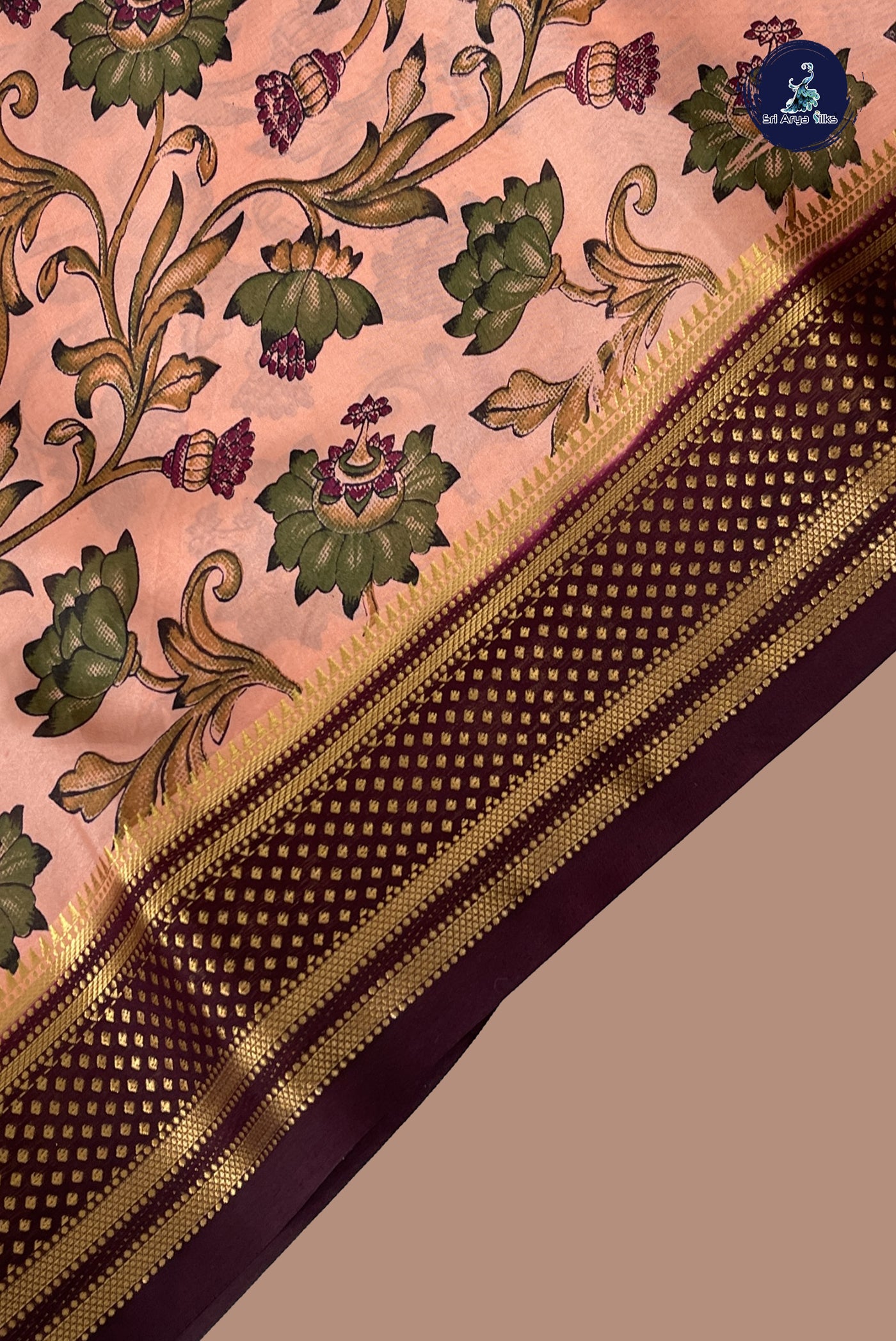 Peach Semi Grape Silk Saree With Floral Print Pattern