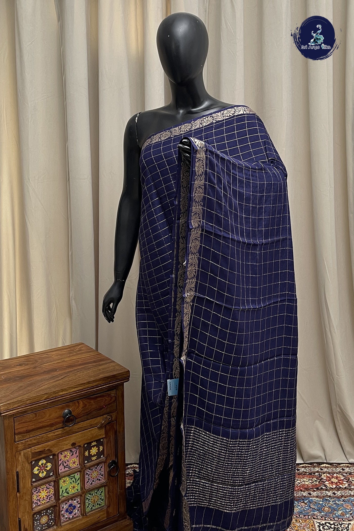 Navy Blue Semi Mysore Silk With Zari Checked Pattern