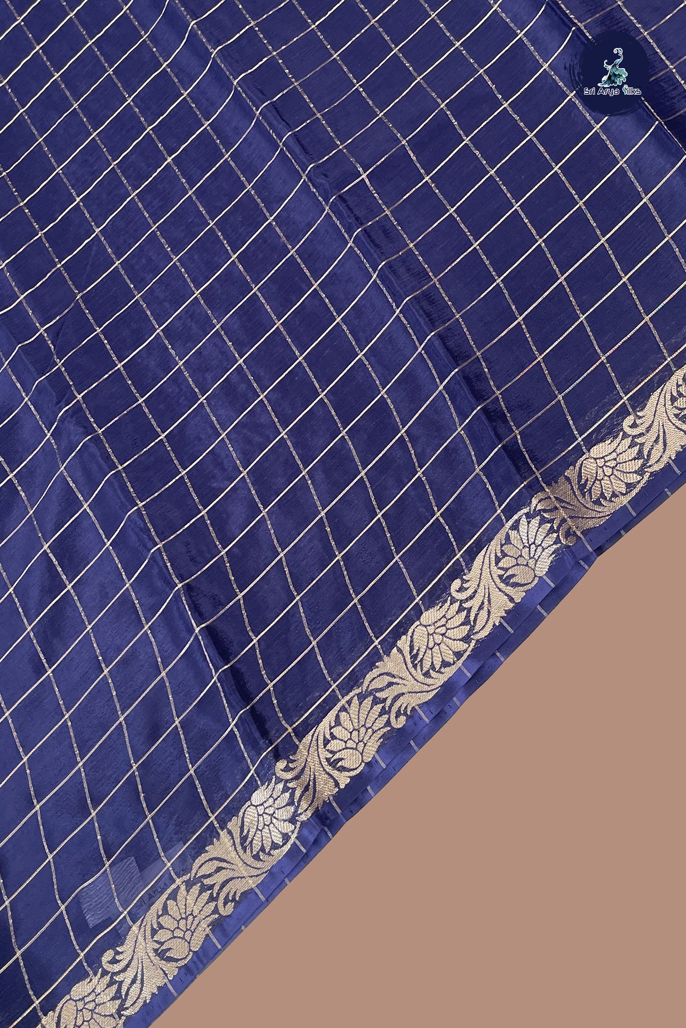 Navy Blue Semi Mysore Silk With Zari Checked Pattern