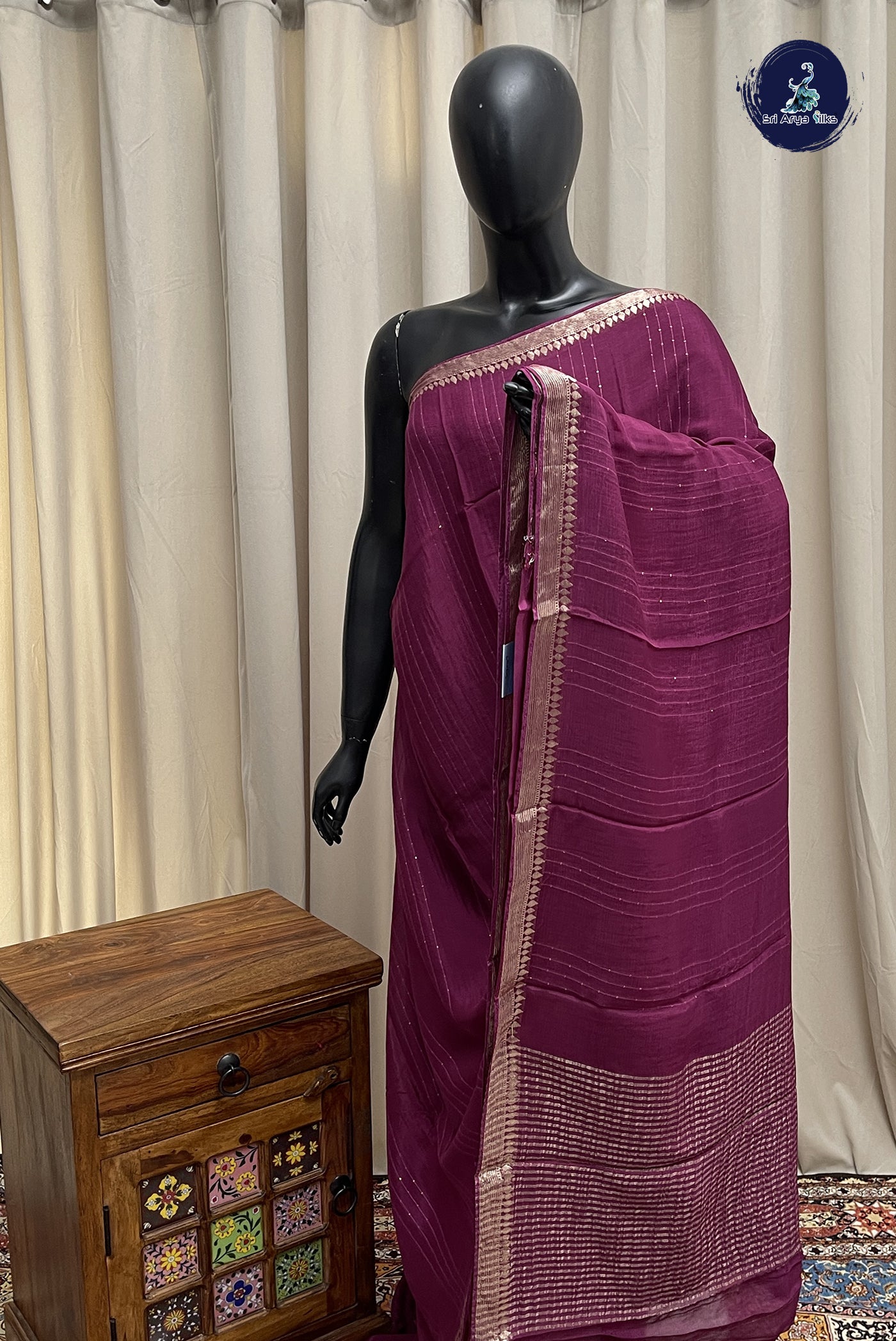 Burgundy Georgette Banarasi Saree With Sequence Work Pattern