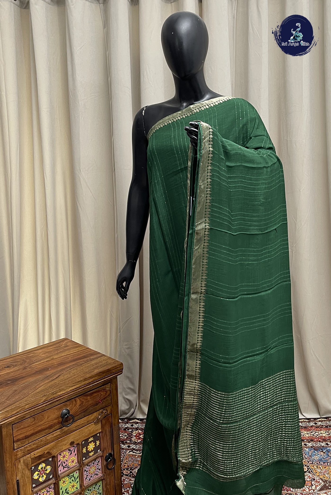 Bottle Green Georgette Banarasi Saree With Sequence Work Pattern