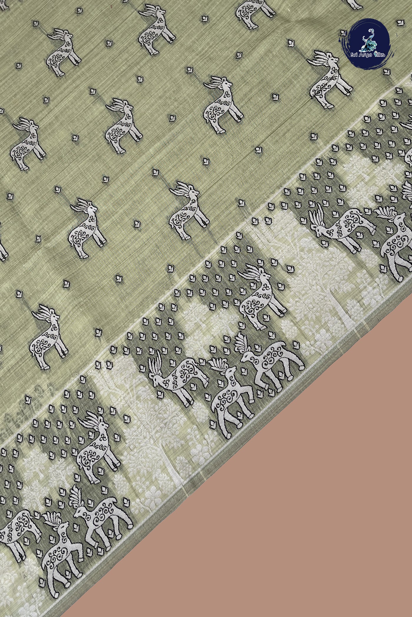 Pista Green Linen Saree With Thread Work Pattern
