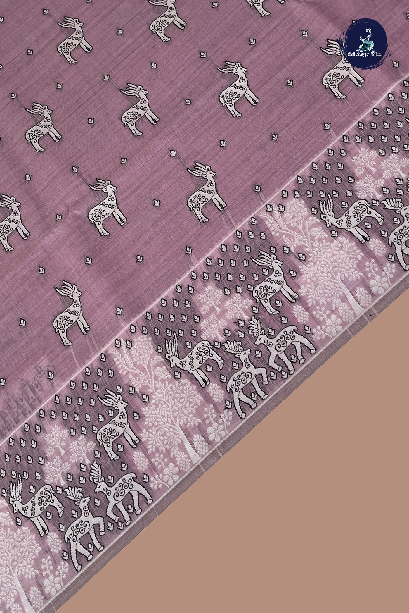 Lavender Linen Saree With Thread Work Pattern