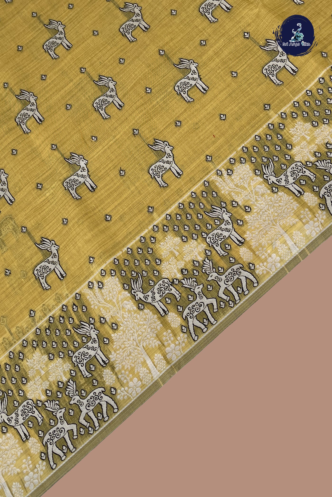 Creamish Yellow Linen Saree With Thread Work Pattern