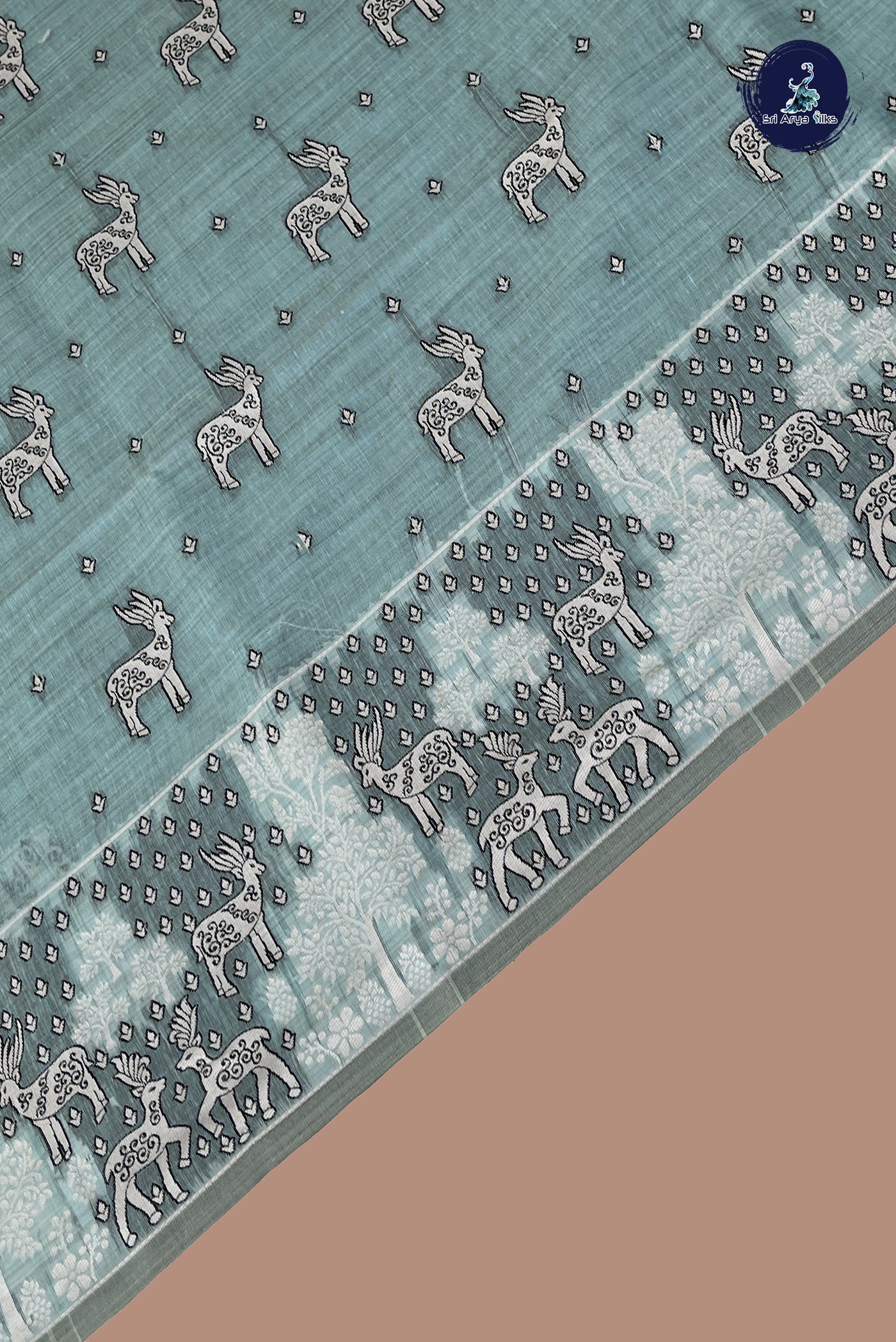 Powder Blue Linen Saree With Thread Work Pattern