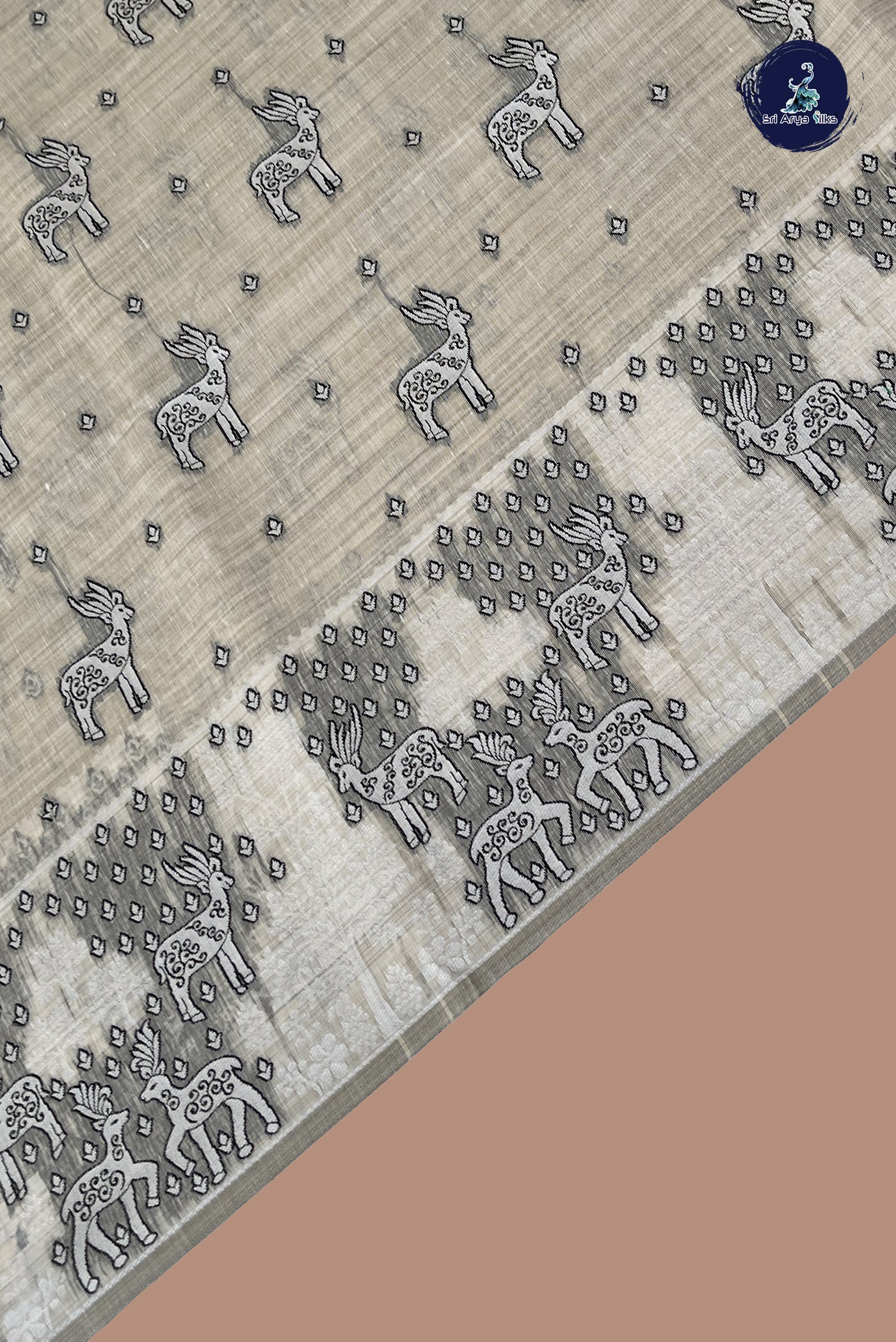 Fawn Linen Saree With Thread Work Pattern