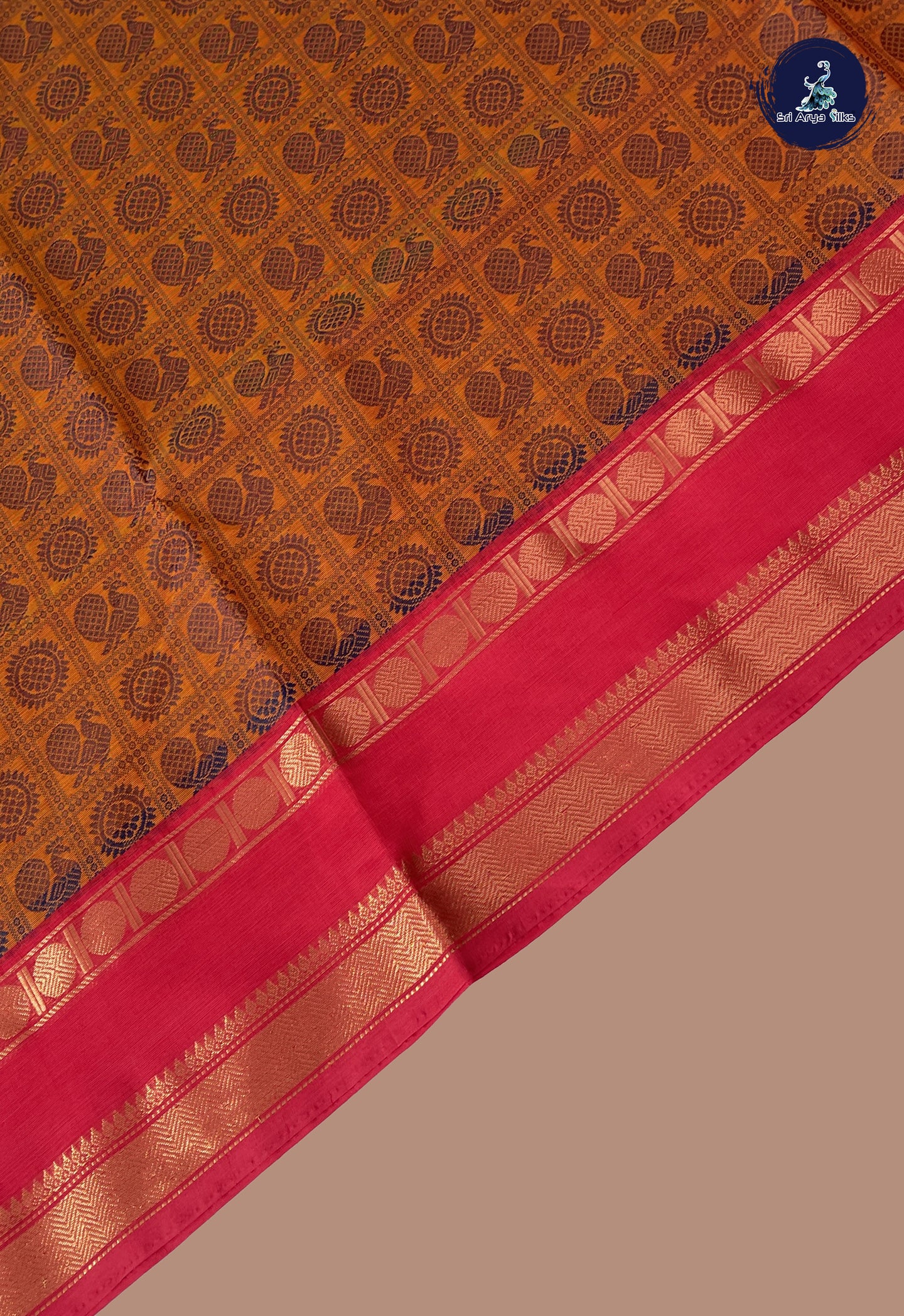 Orange Kanchi Cotton Saree With Vanasingaram Pattern