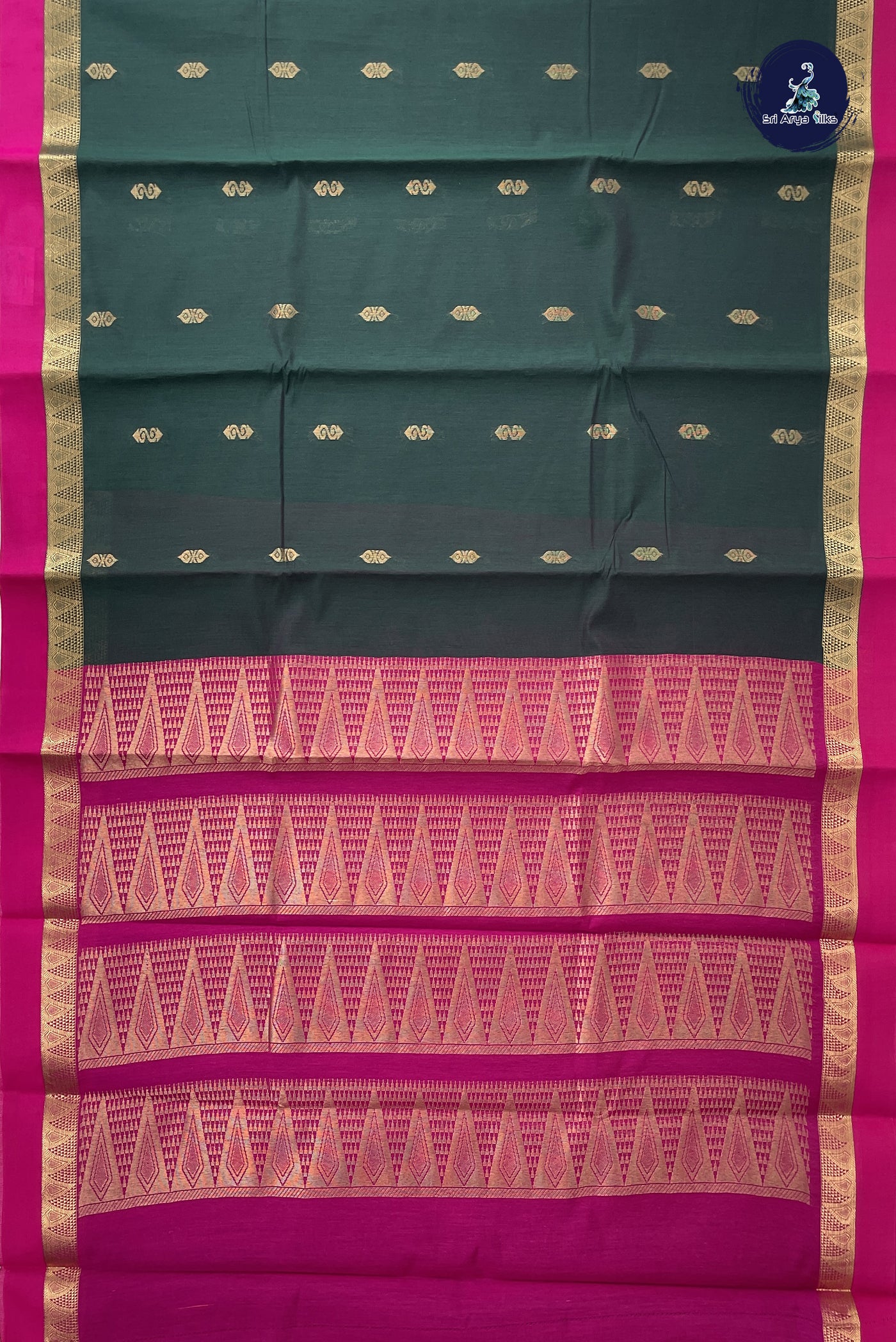 Dark Green Budget Semi Silk Cotton Saree With Zari Buttas Pattern