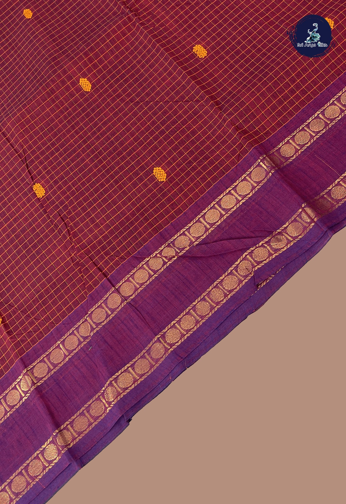 Maroon Chettinad Cotton Saree With Checked Pattern