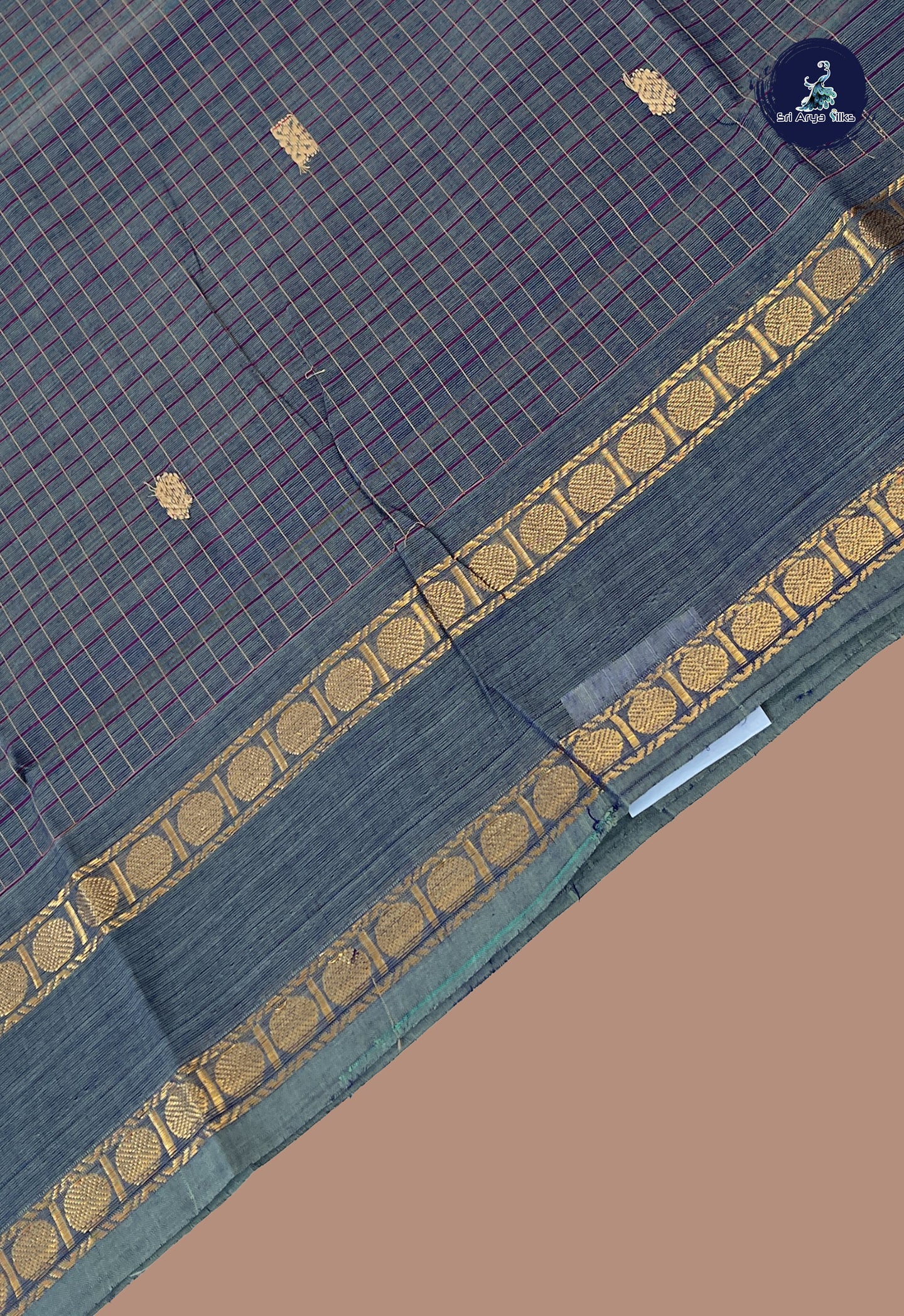Bluish Grey Chettinad Cotton Saree With Checked Pattern
