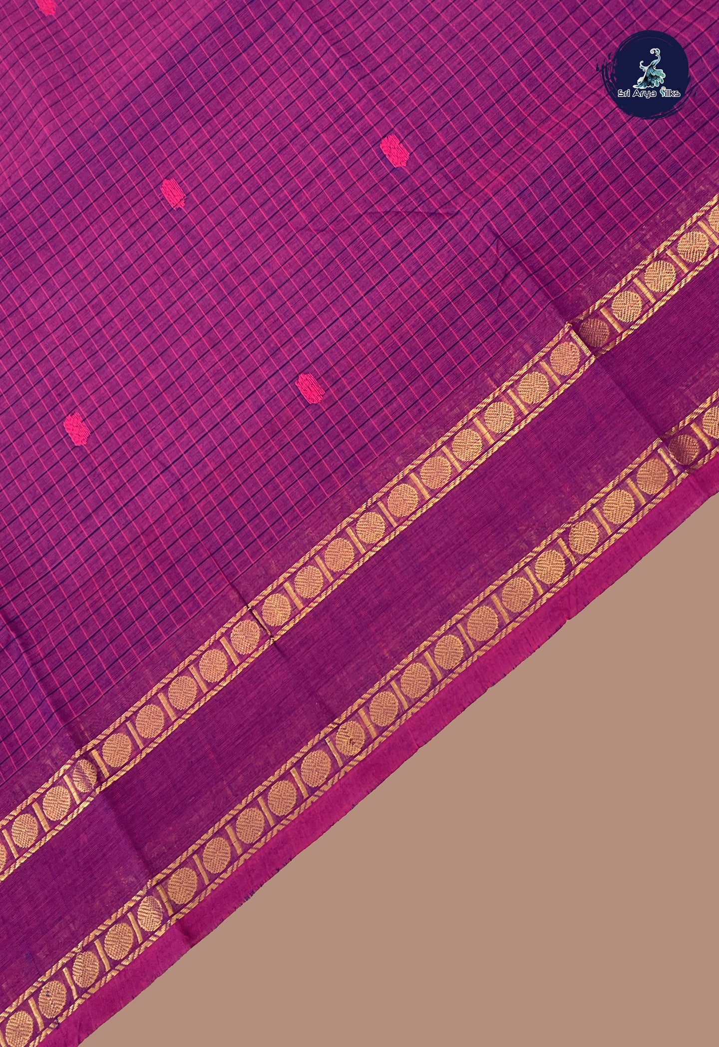 BeetRoot Shade Chettinad Cotton Saree With Checked Pattern