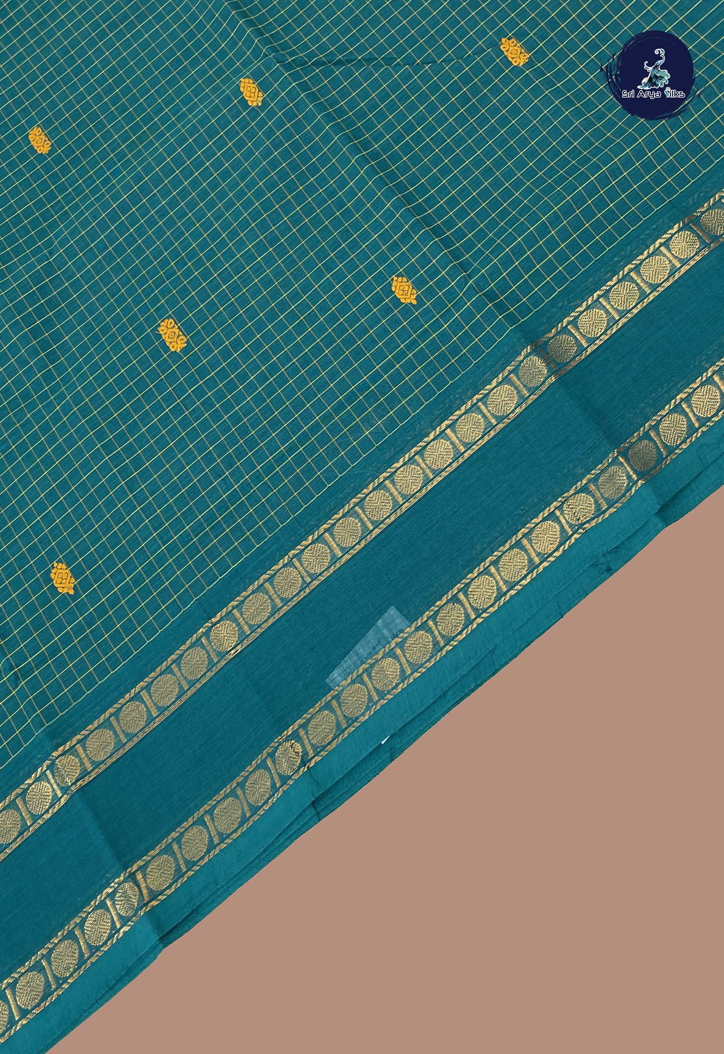 Teal Chettinad Cotton Saree With Checked Pattern