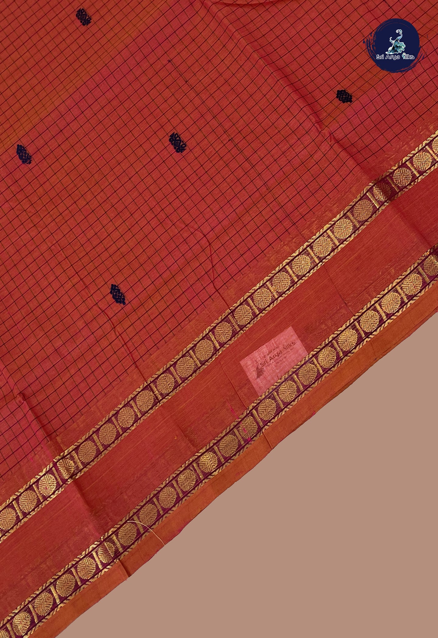 Dual Tone Brown Chettinad Cotton Saree With Checked Pattern