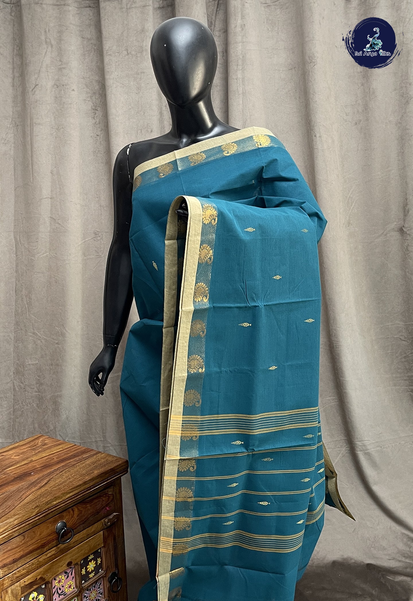 Peacock Blue Chettinad Cotton Saree With Zari Buttas Pattern