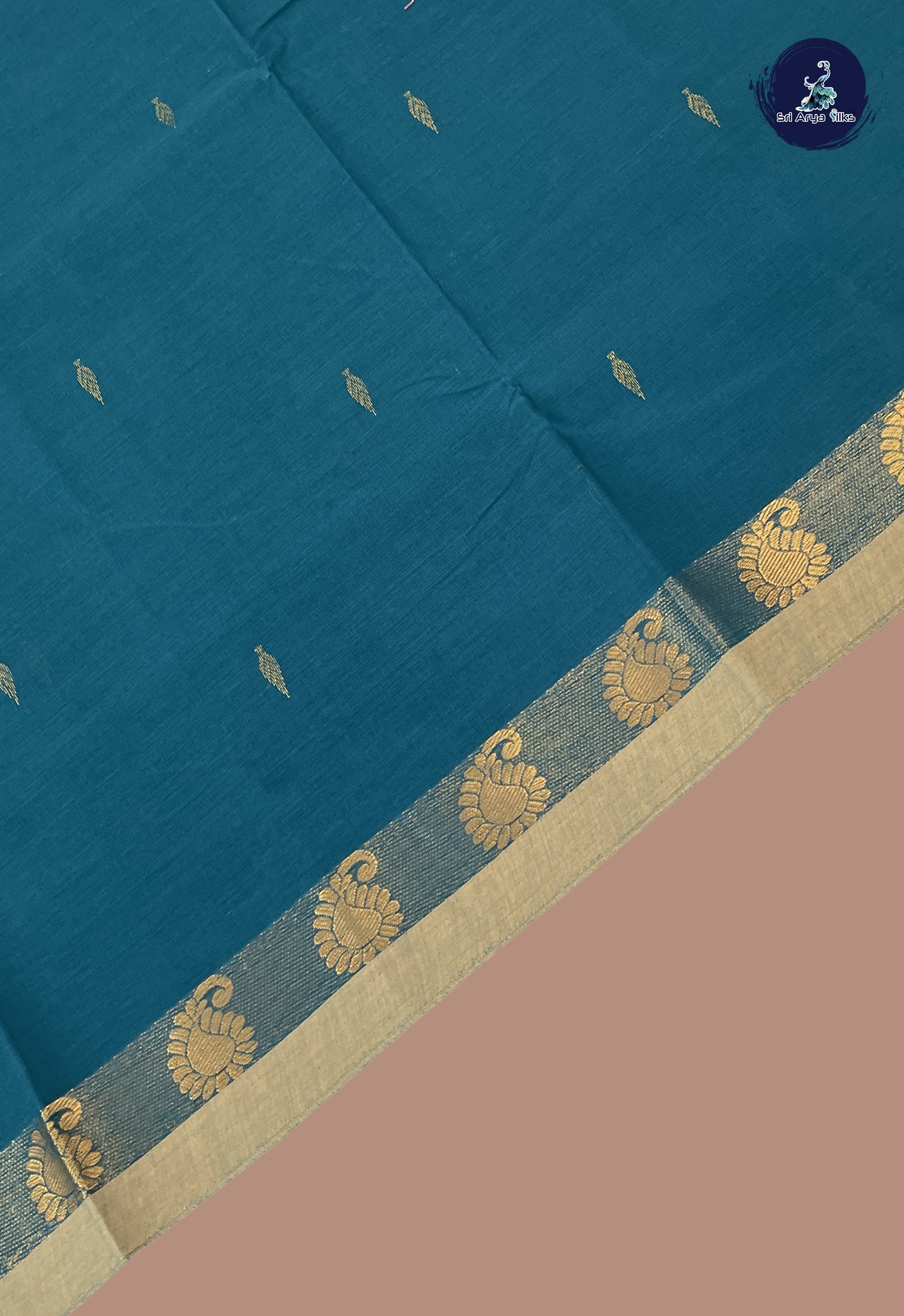 Peacock Blue Chettinad Cotton Saree With Zari Buttas Pattern