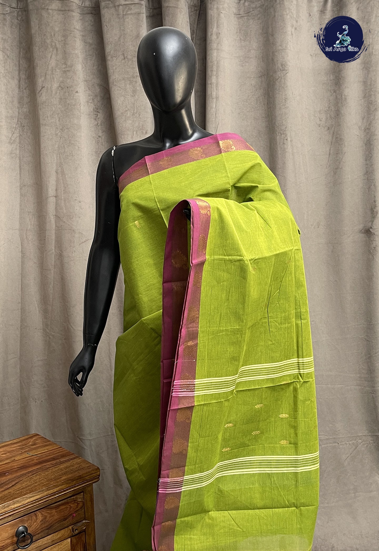 Lime Green Chettinad Cotton Saree With Zari Buttas Pattern