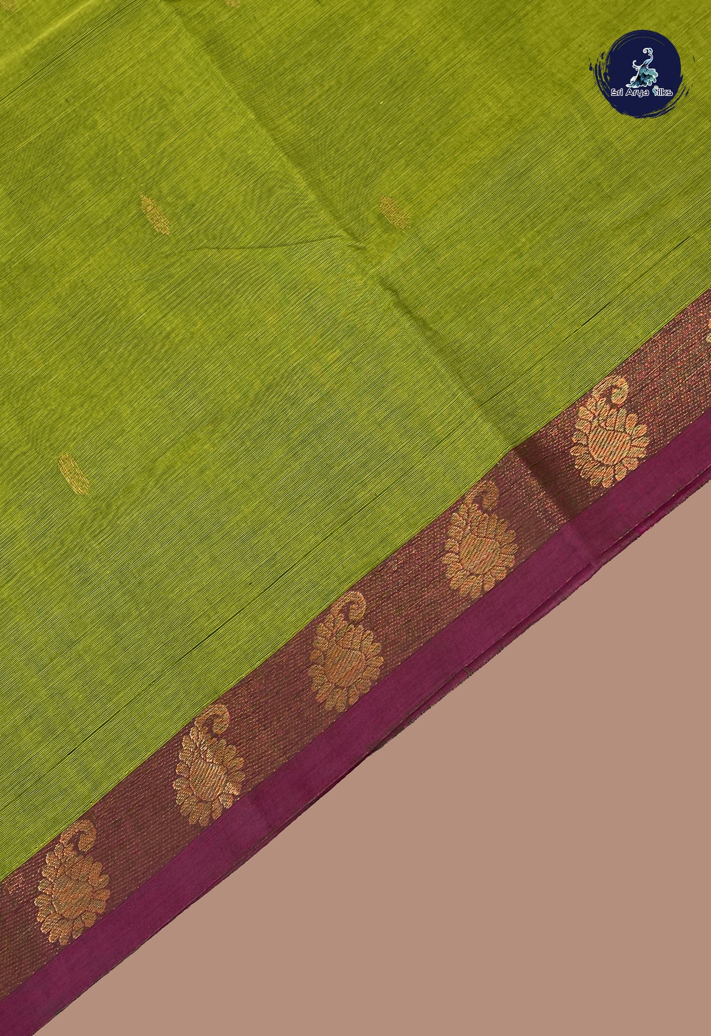 Lime Green Chettinad Cotton Saree With Zari Buttas Pattern