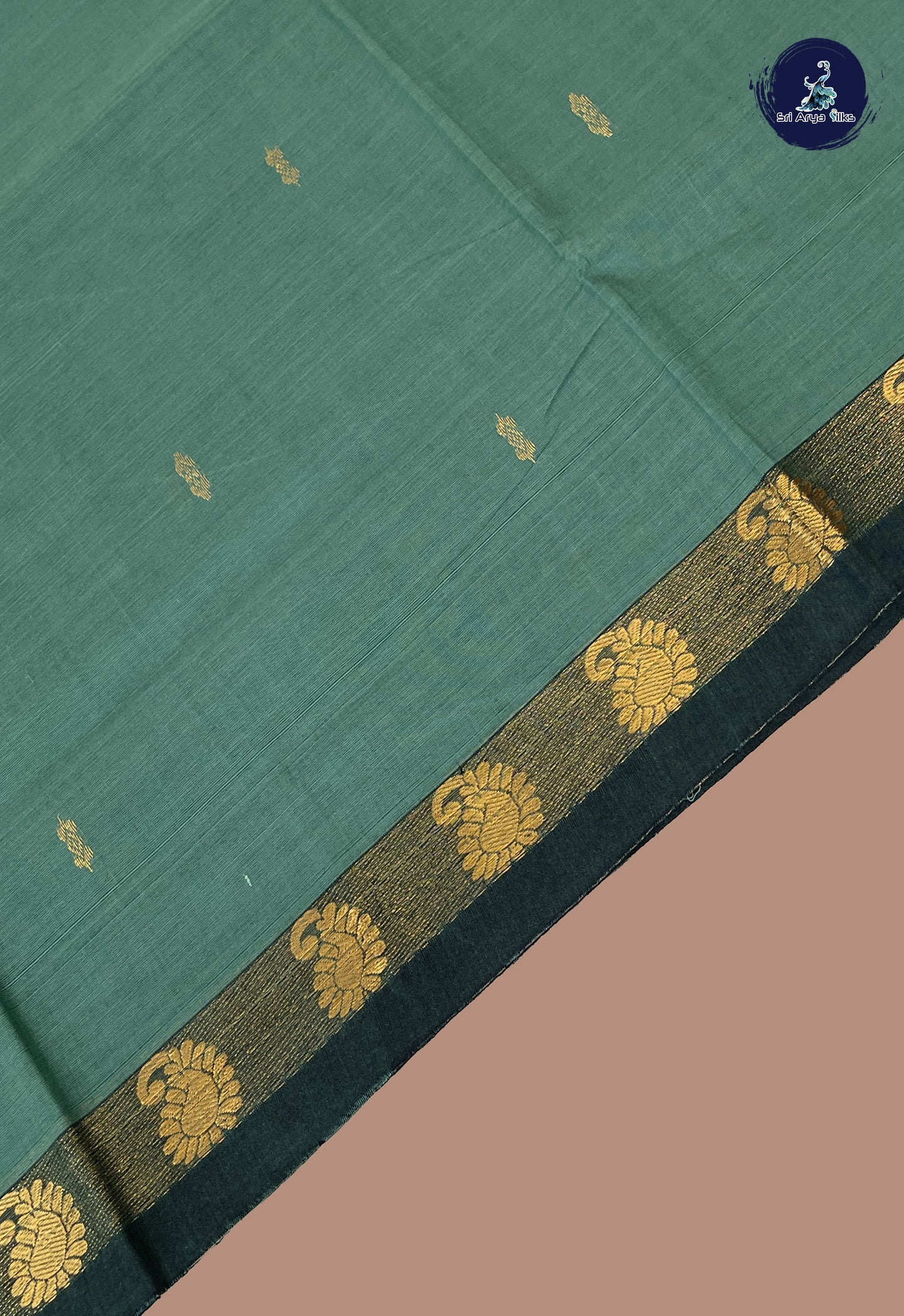 Green Chettinad Cotton Saree With Zari Buttas Pattern