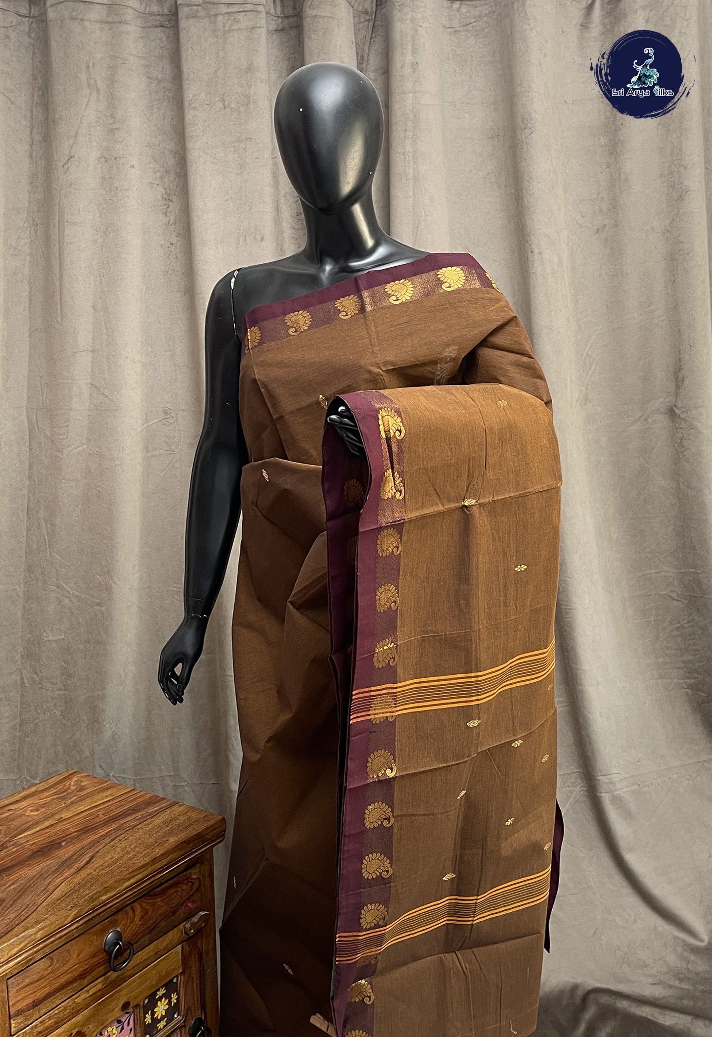 Brown Chettinad Cotton Saree With Zari Buttas Pattern