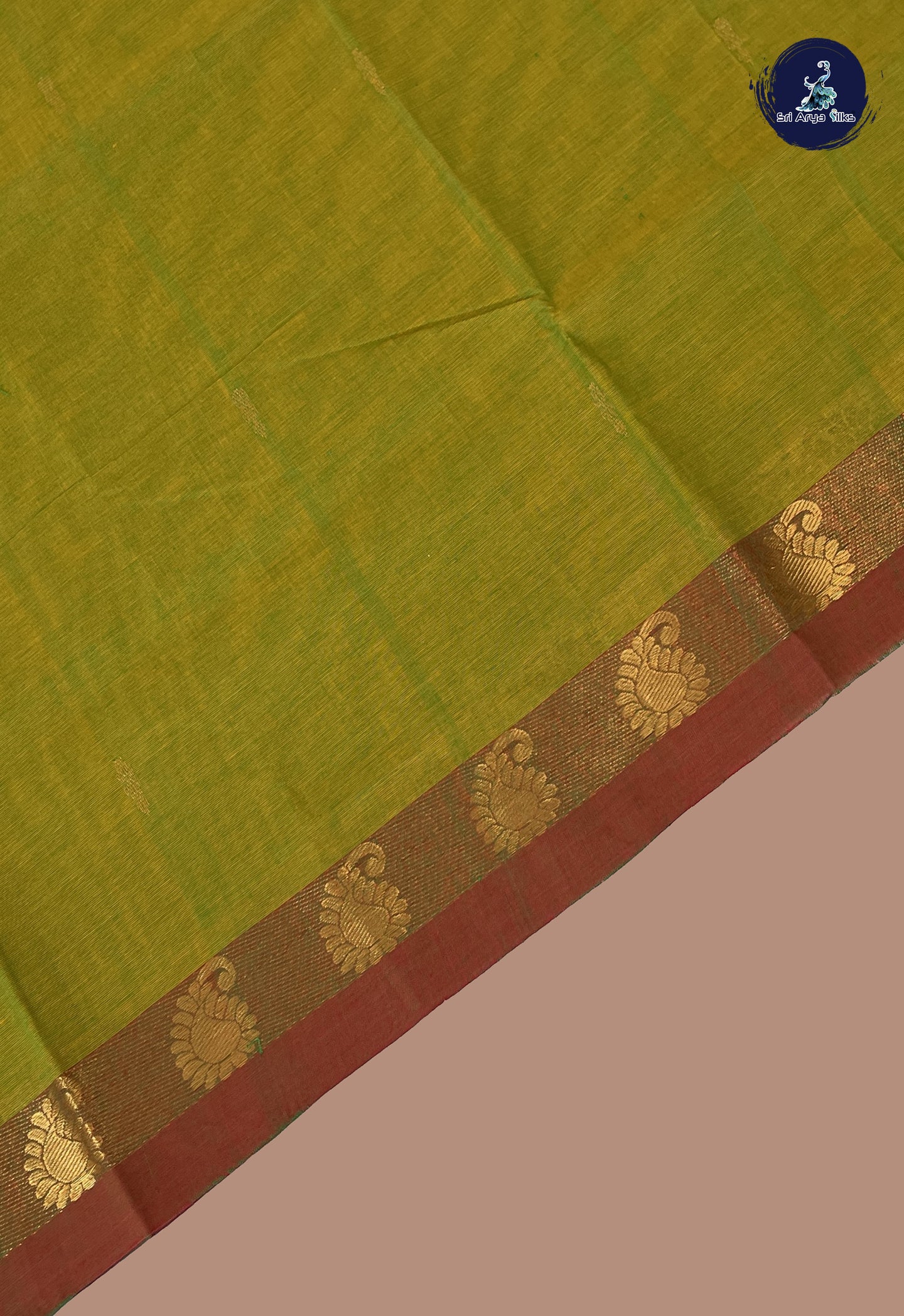 Yellowish Green Chettinad Cotton Saree With Zari Buttas Pattern