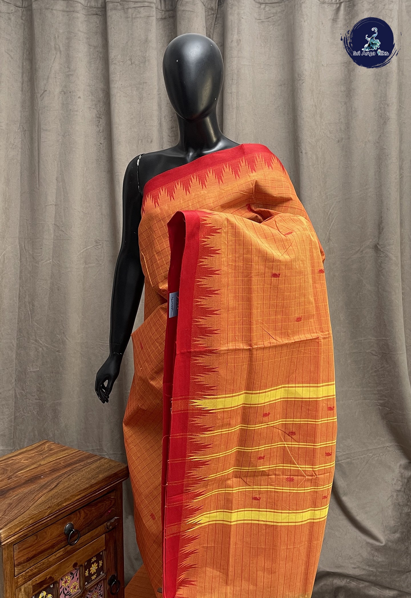 Yellowish Orange Chettinad Cotton Saree With Checked Pattern