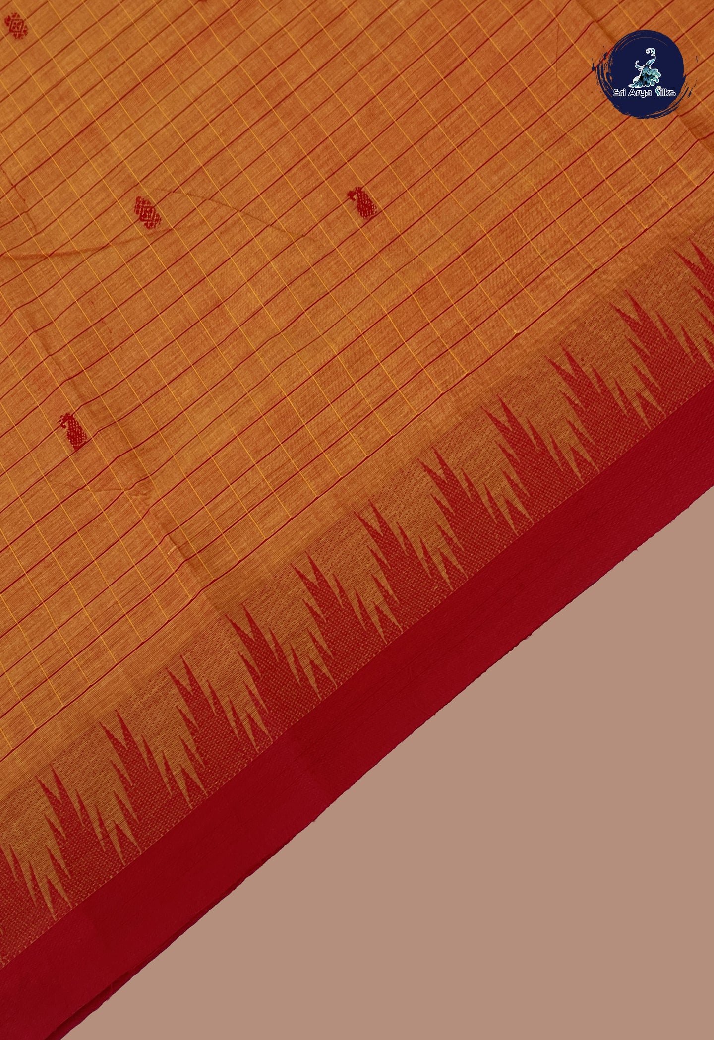 Yellowish Orange Chettinad Cotton Saree With Checked Pattern