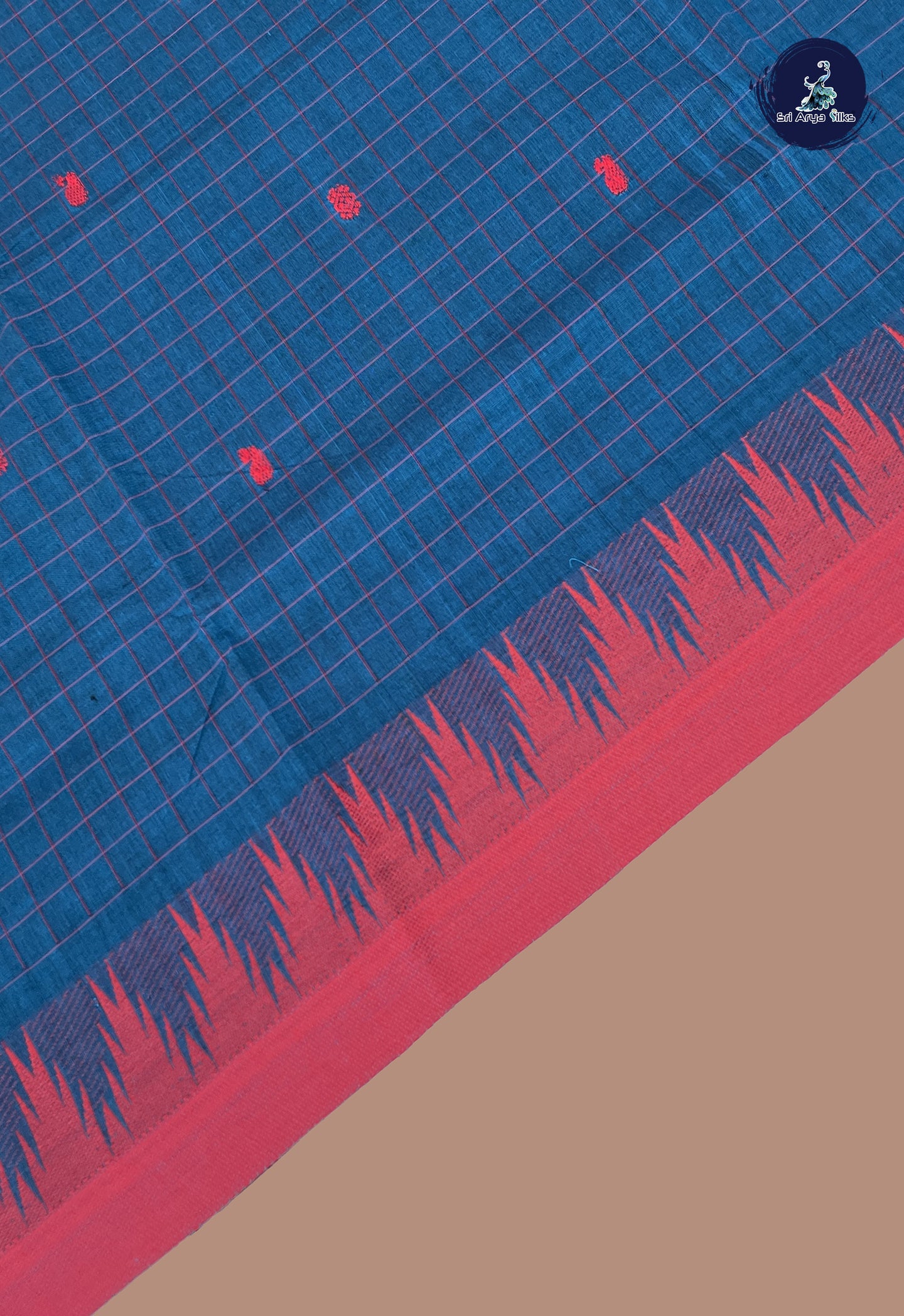 Dual Tone Blue Chettinad Cotton Saree With Checked Pattern