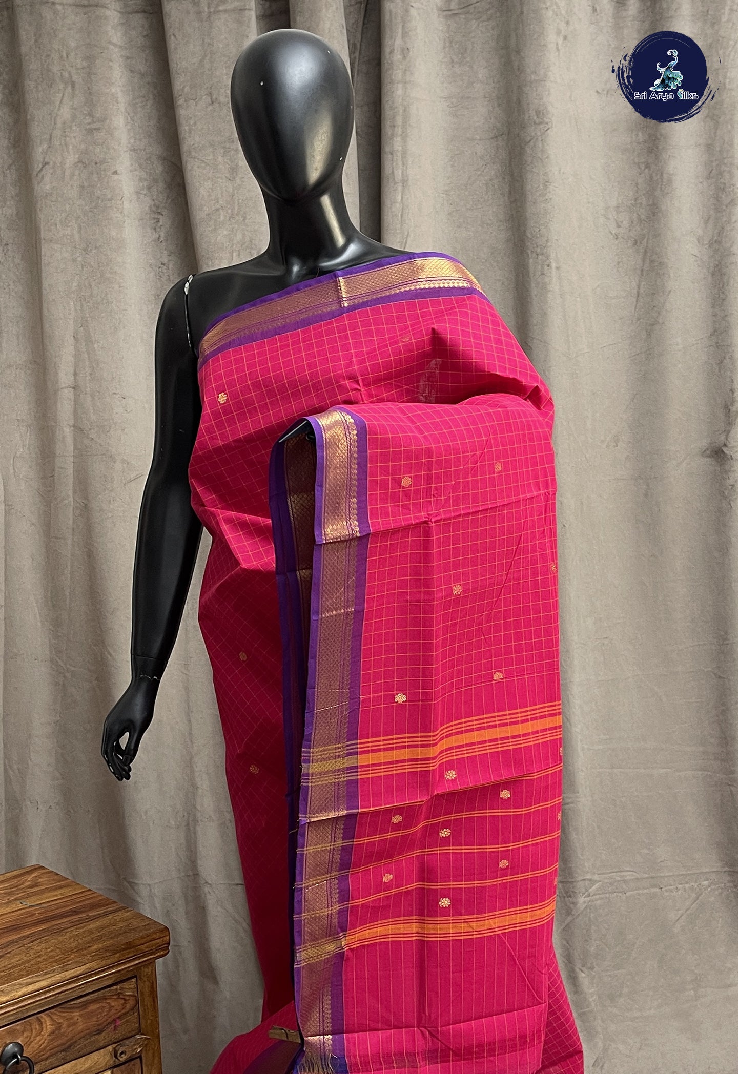 Pink Chettinad Cotton Saree With Checked Pattern