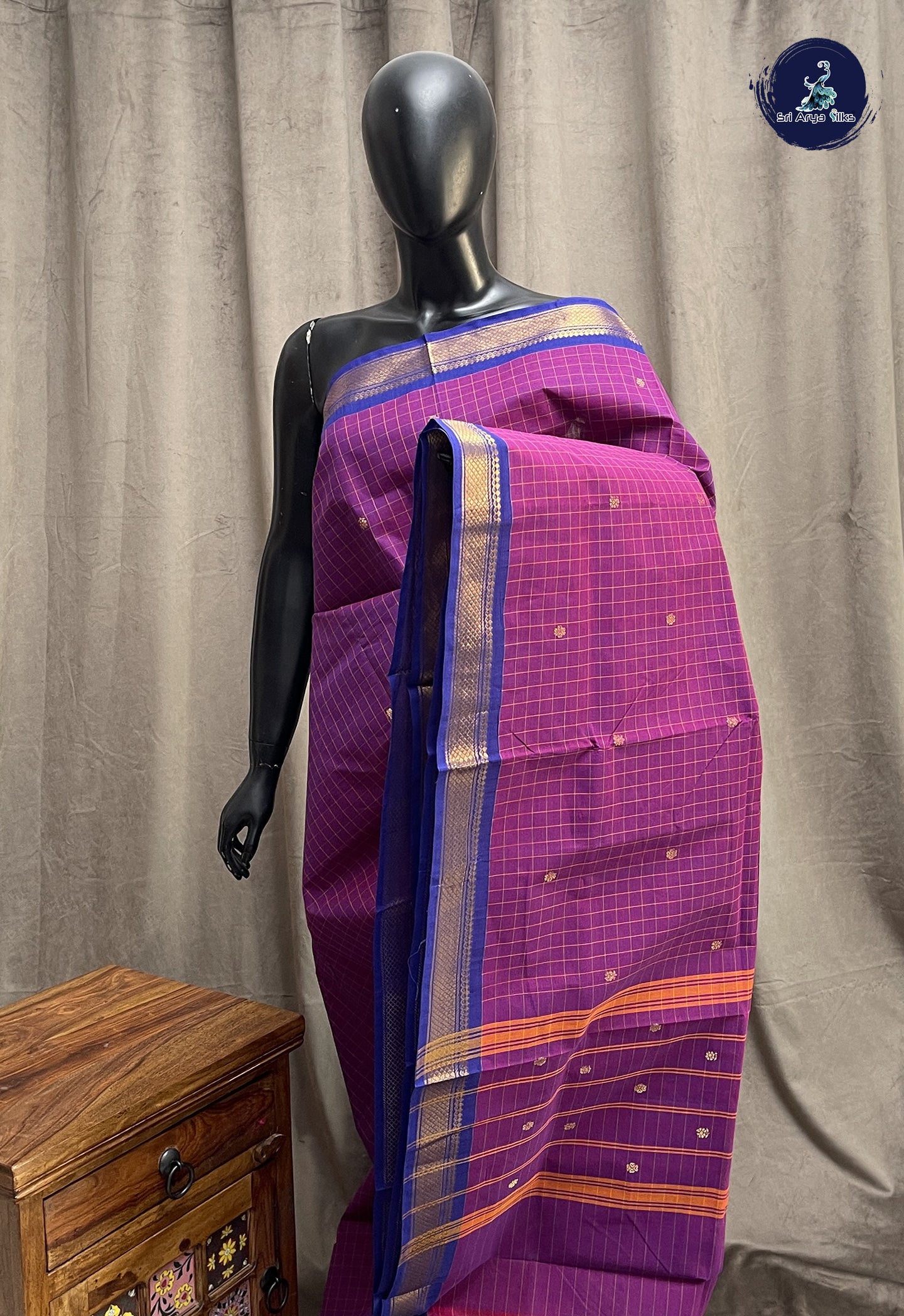 Purple Chettinad Cotton Saree With Checked Pattern