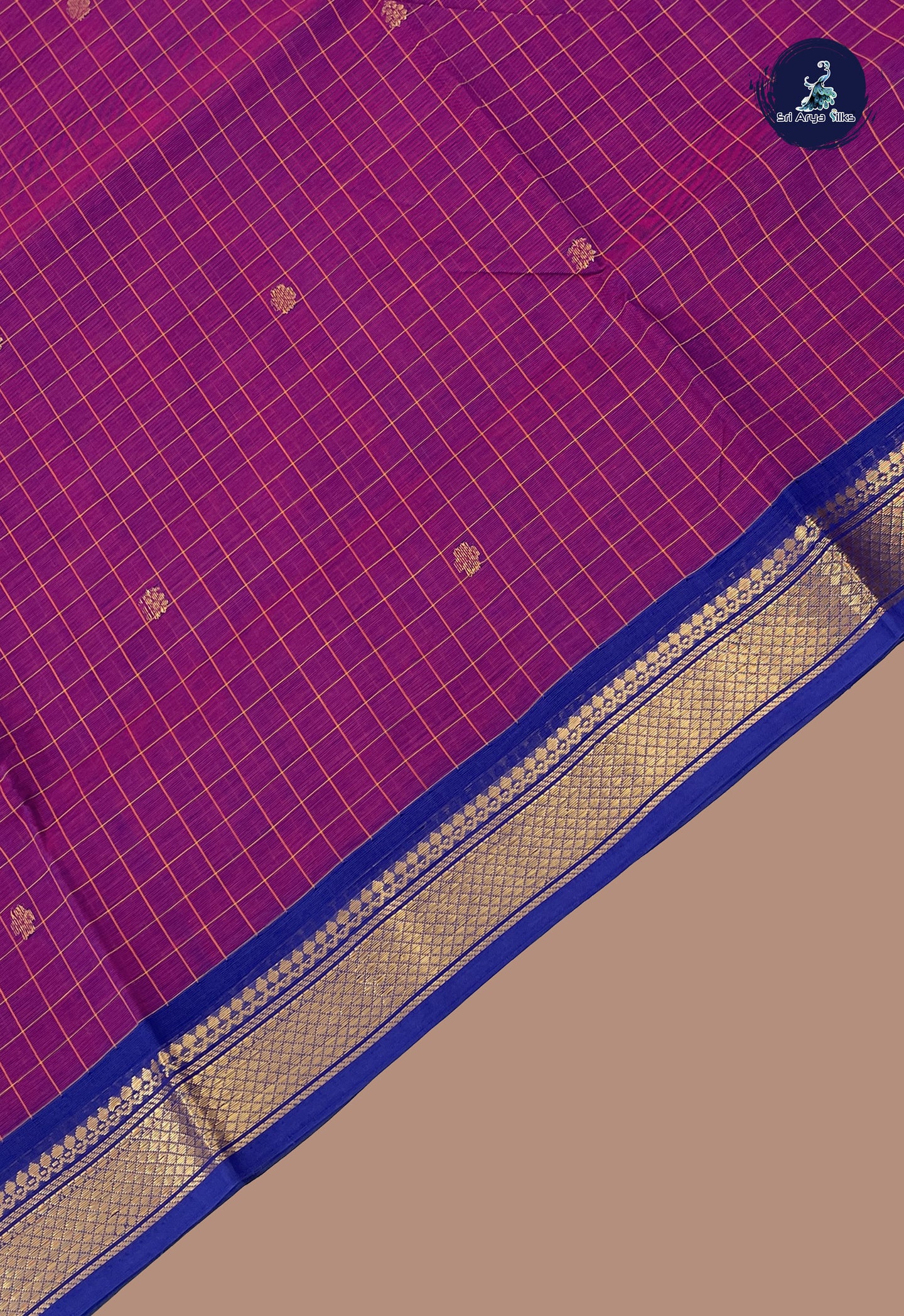 Purple Chettinad Cotton Saree With Checked Pattern
