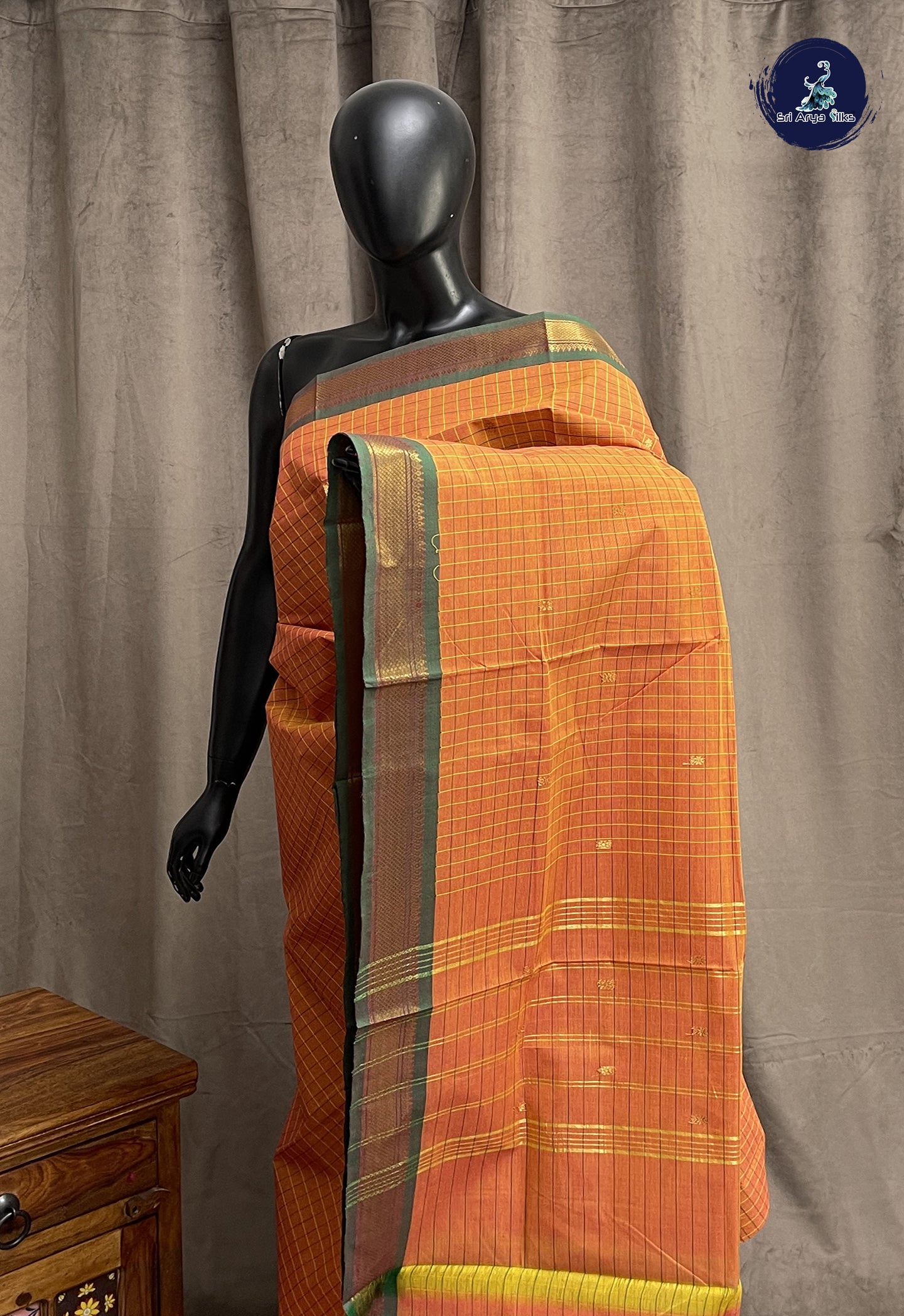 Yellowish Orange Chettinad Cotton Saree With Checked Pattern