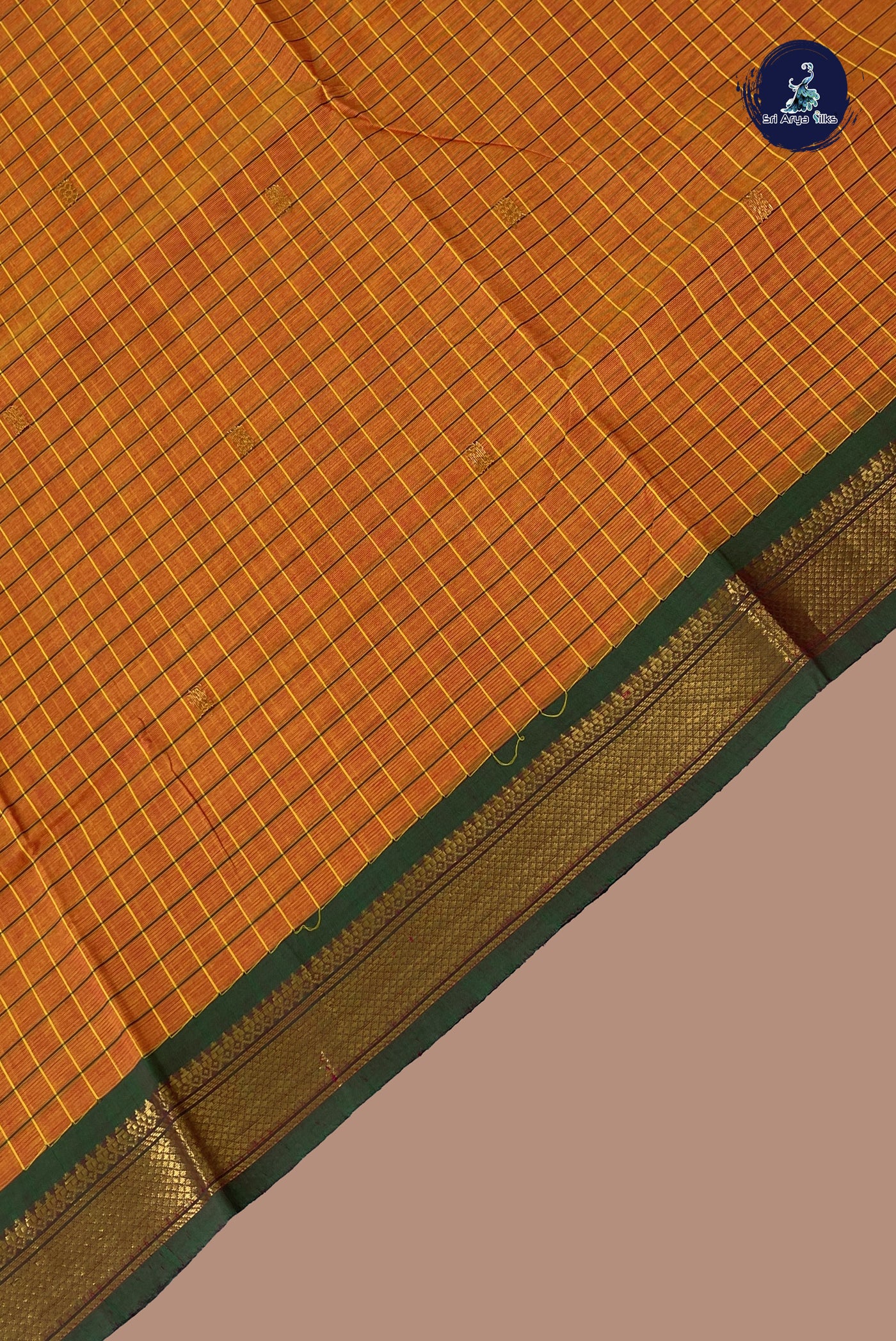 Yellowish Orange Chettinad Cotton Saree With Checked Pattern